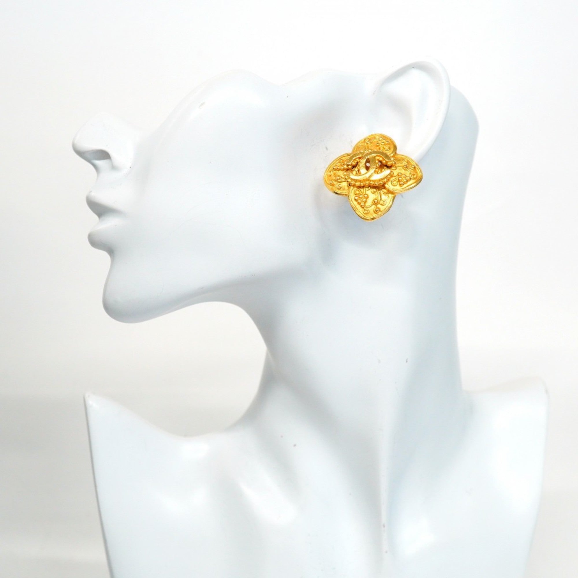 CC Logo Flower Clip-On Earrings Metal Gold-Tone Metal