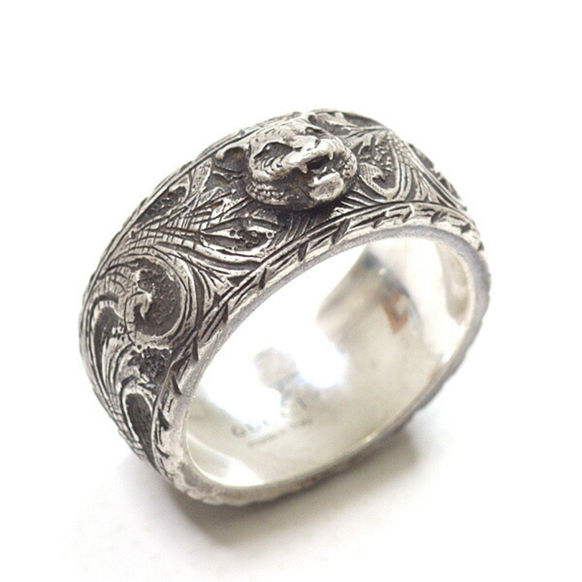 Tiger Head Arabesque Garden Ring Sterling Silver