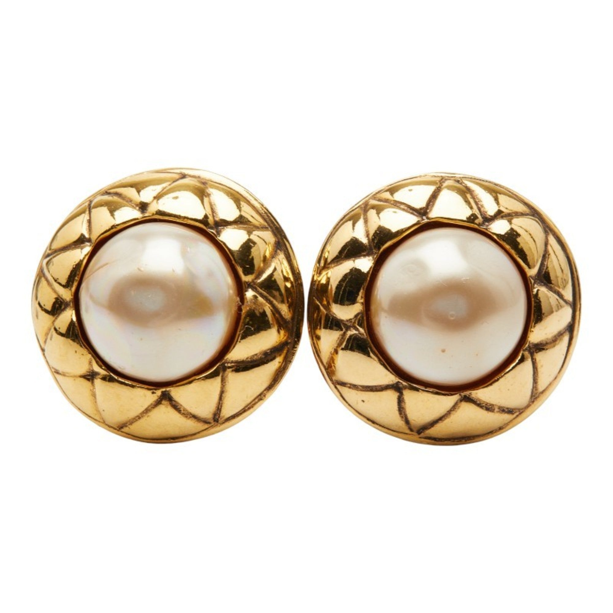 Matelasse Pearl Clip-On Earrings Metal Gold-Tone Metal