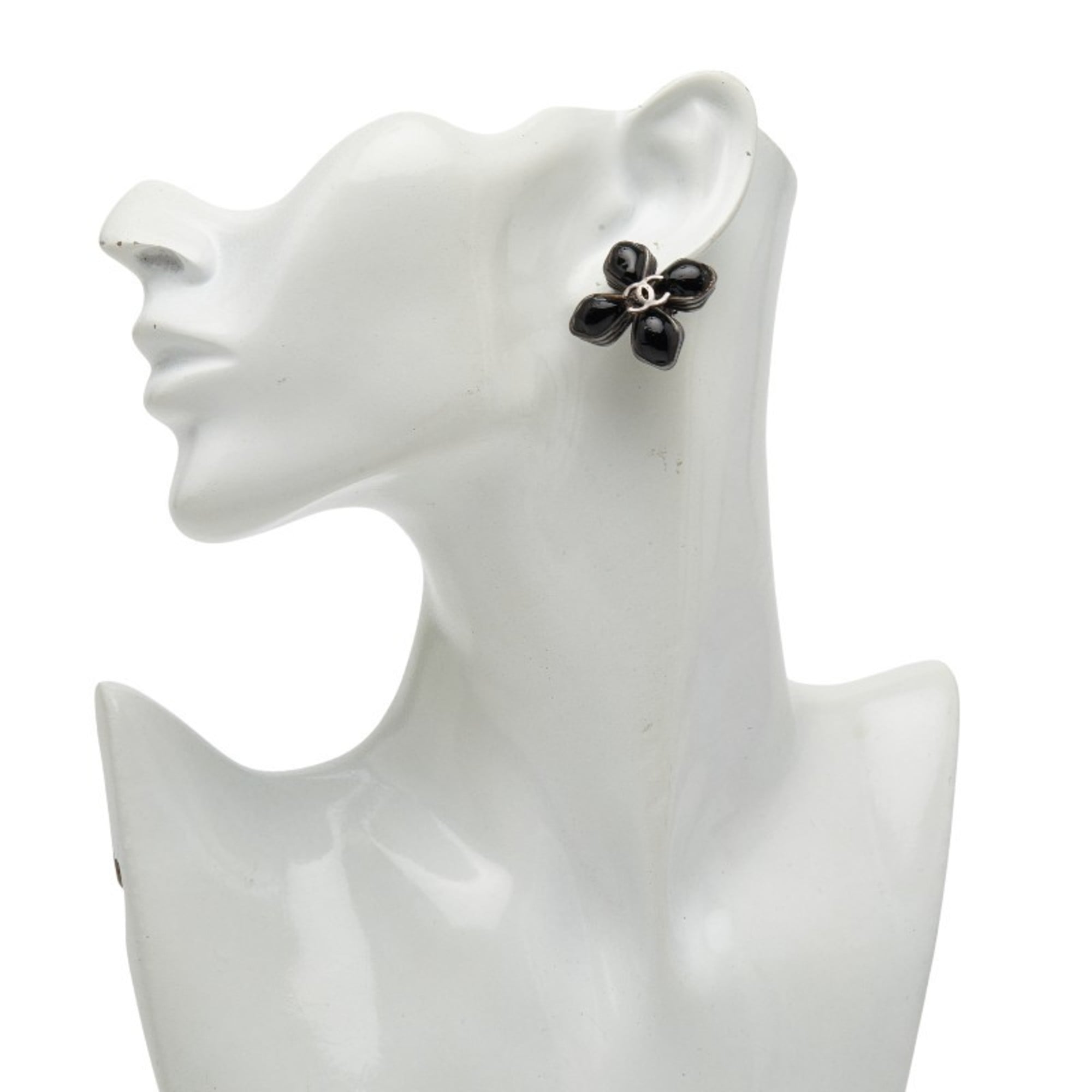 CC Logo Flower Clip-On Earrings Silver-Tone Metal Silver-Tone Metal