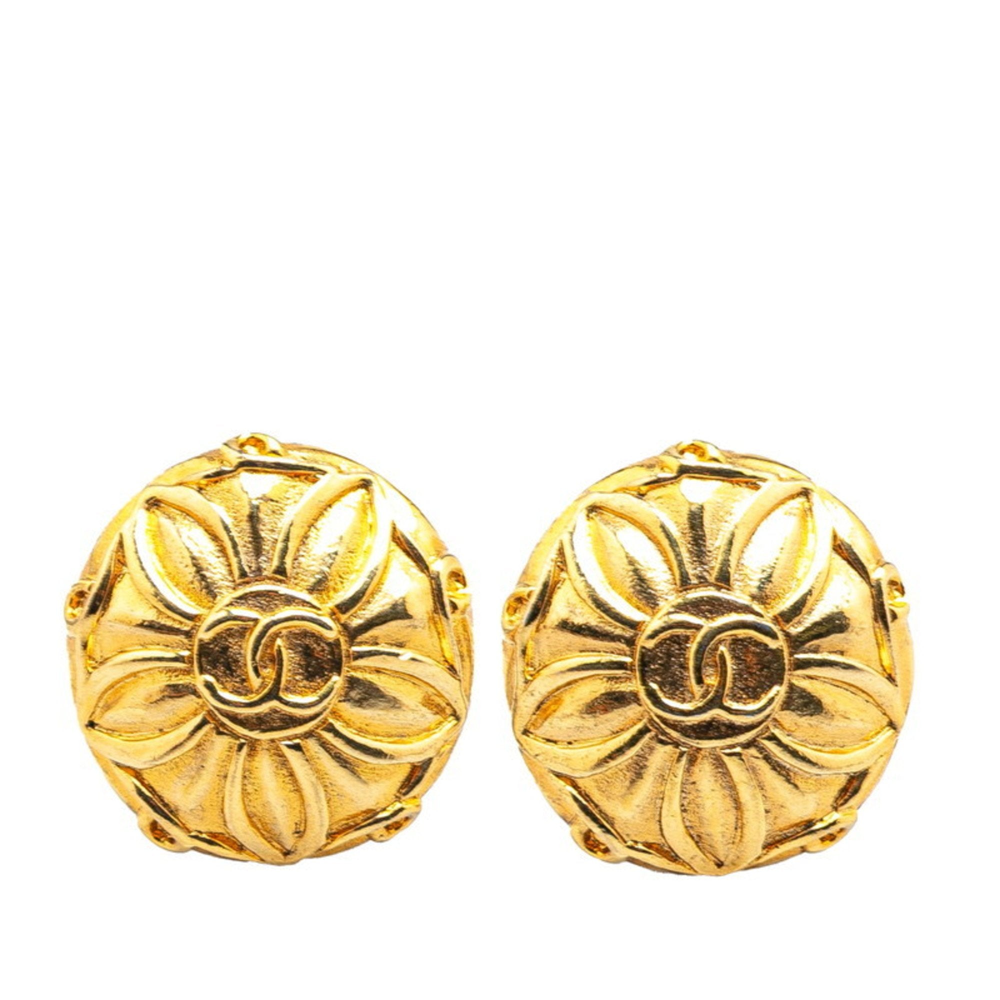 CC Logo Flower Clip-On Earrings Metal Gold-Tone Metal