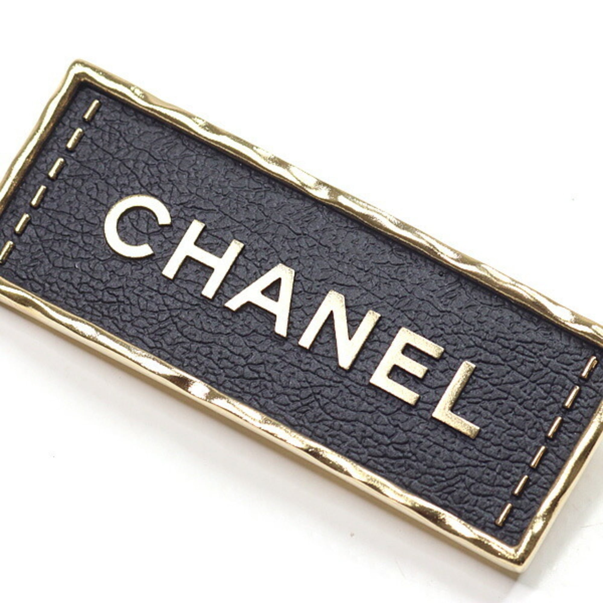Brooch Leather and Metal Black and Gold Tag