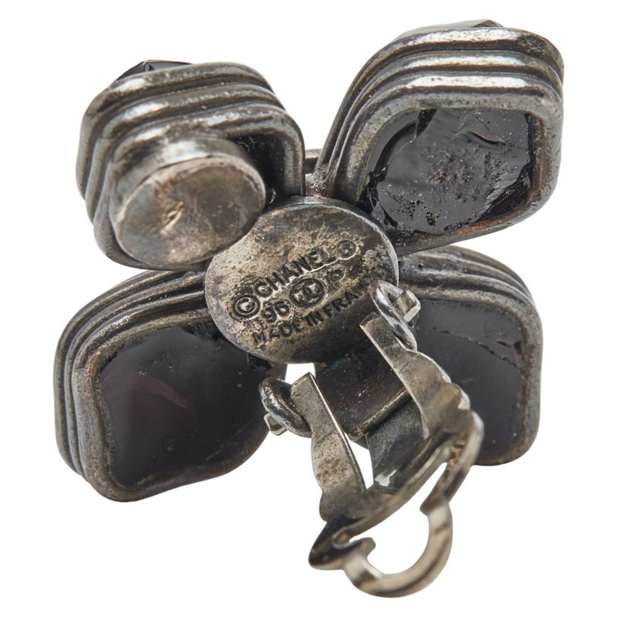 CC Logo Flower Clip-On Earrings Silver-Tone Metal Silver-Tone Metal