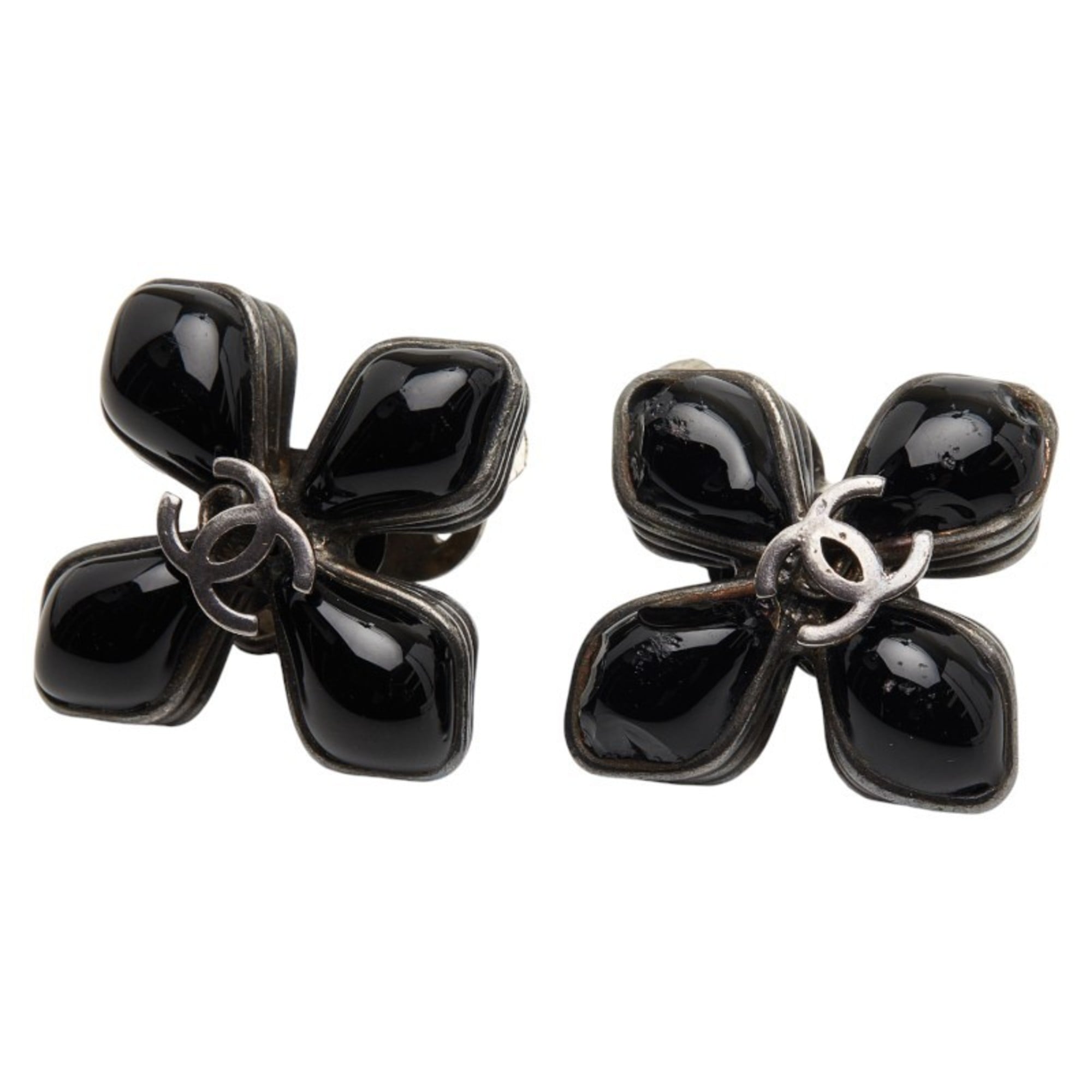 CC Logo Flower Clip-On Earrings Silver-Tone Metal Silver-Tone Metal