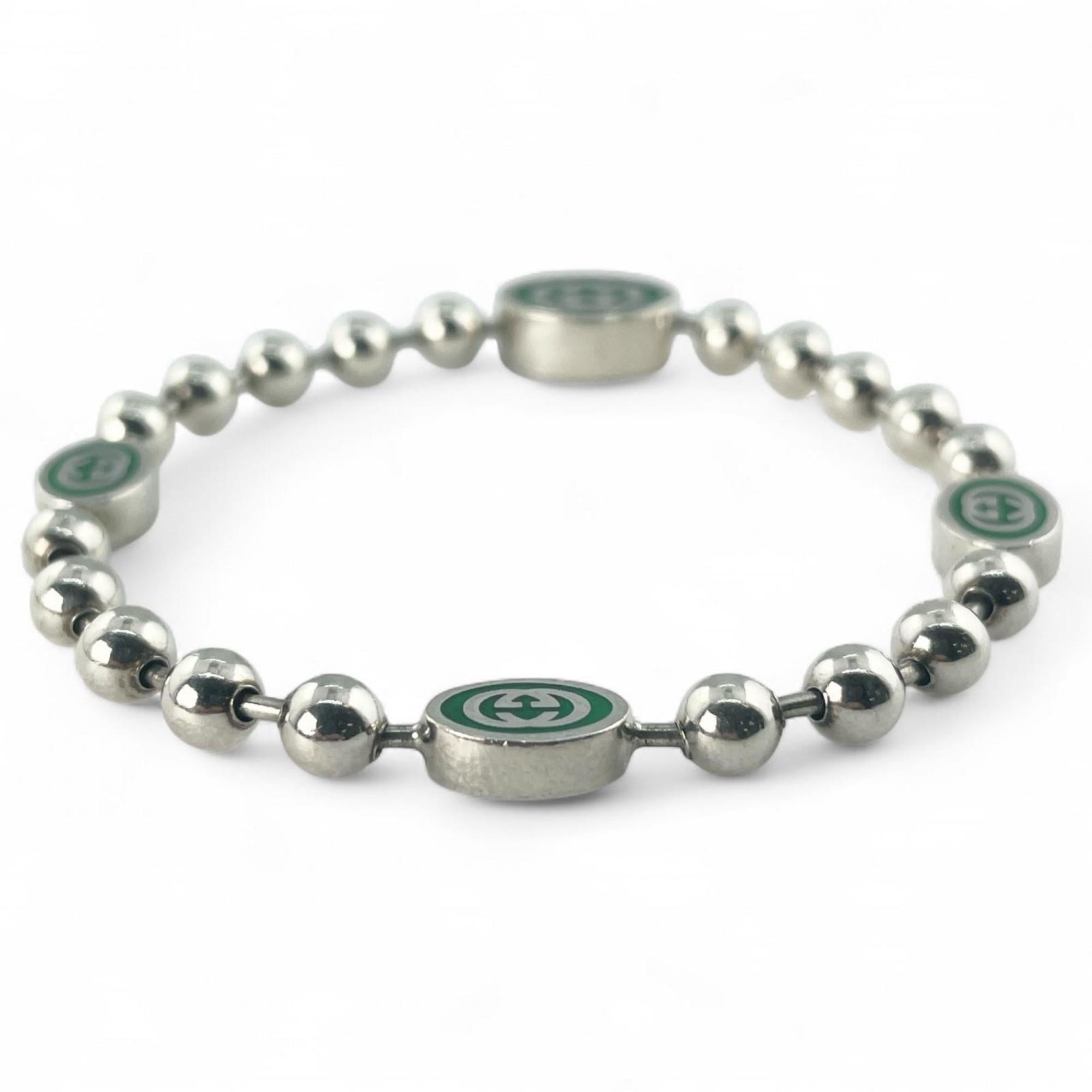Interlocking G Ball Chain Bracelet Sterling Silver Green