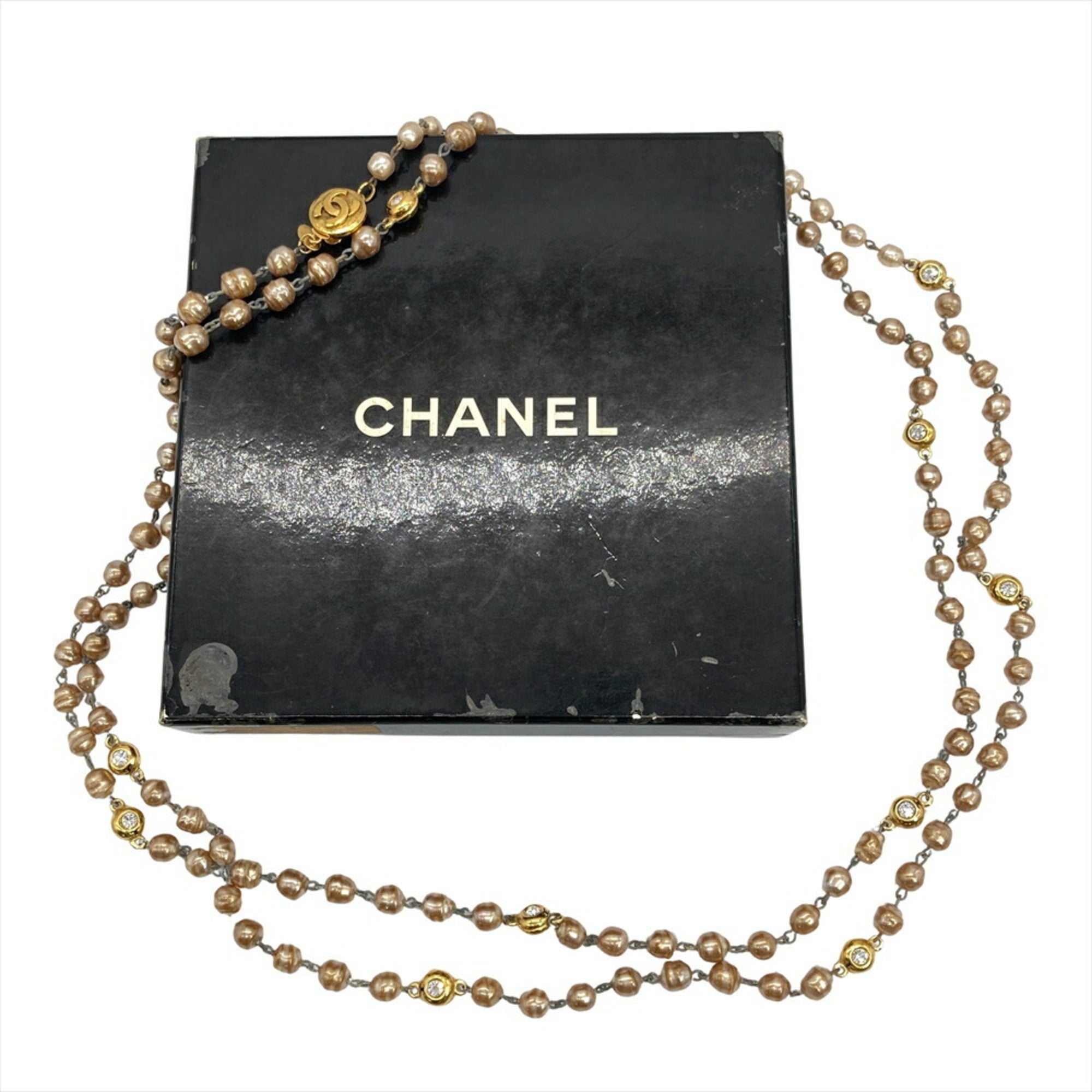 Long Pendant Necklace Metal Gold Baroque Style With Artificial Pearl And Rhinestone