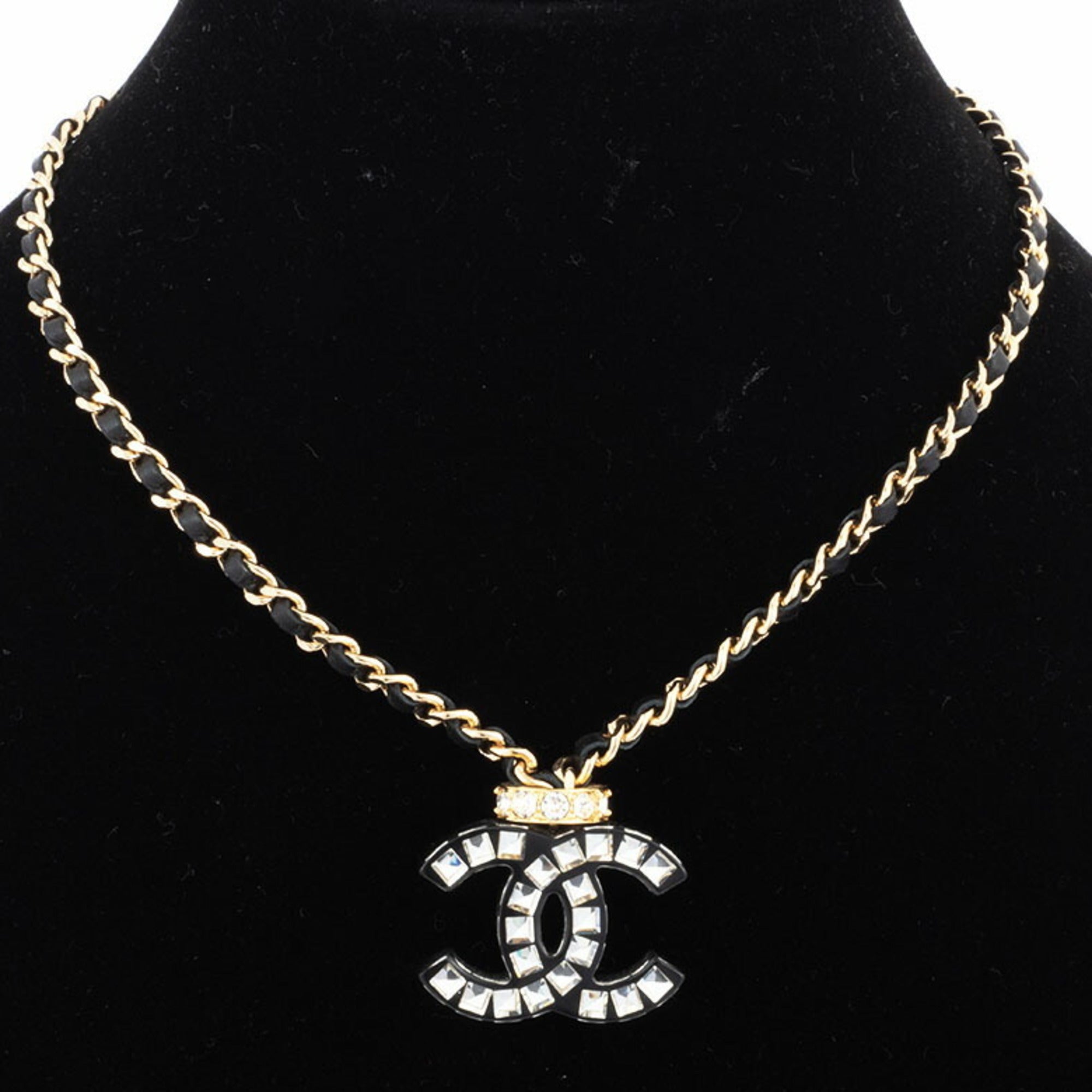 Choker Necklace Leather Black With Rhinestone