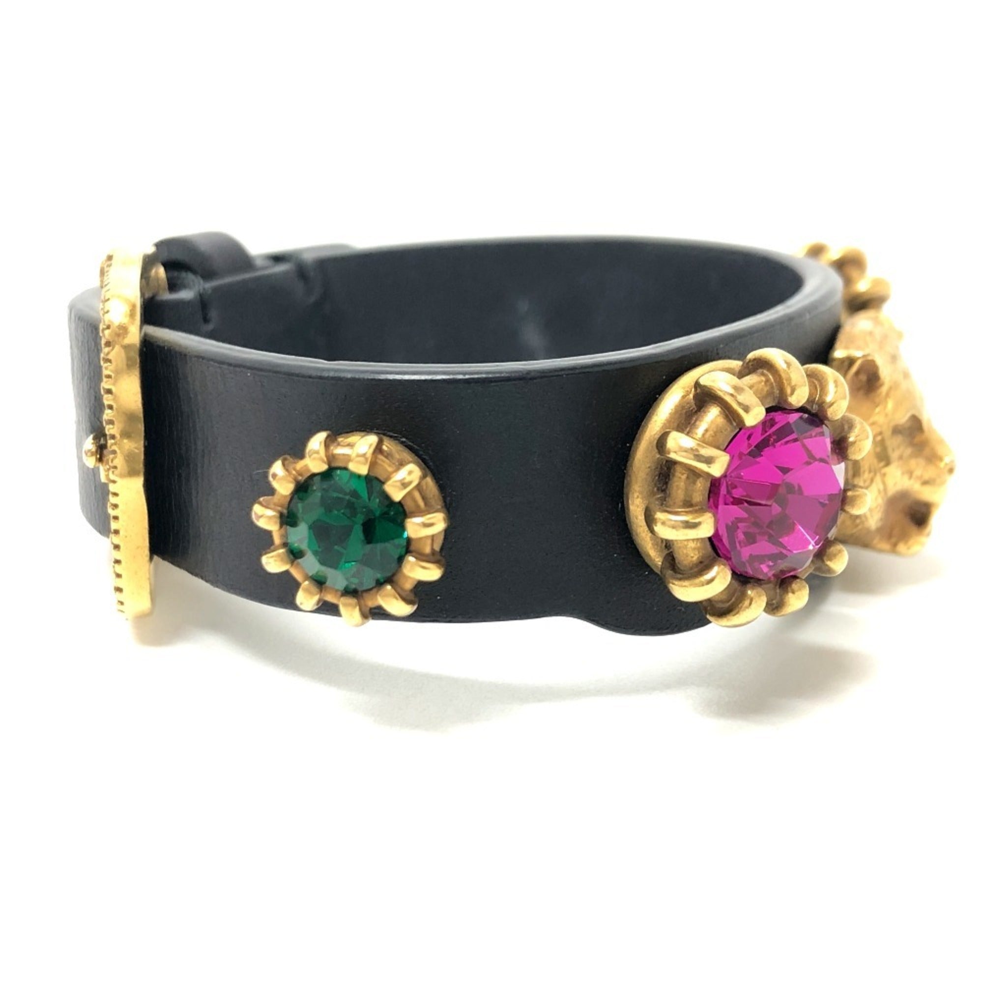 Tiger Head Charm Bracelet Leather Black and Gold and Multi-Color