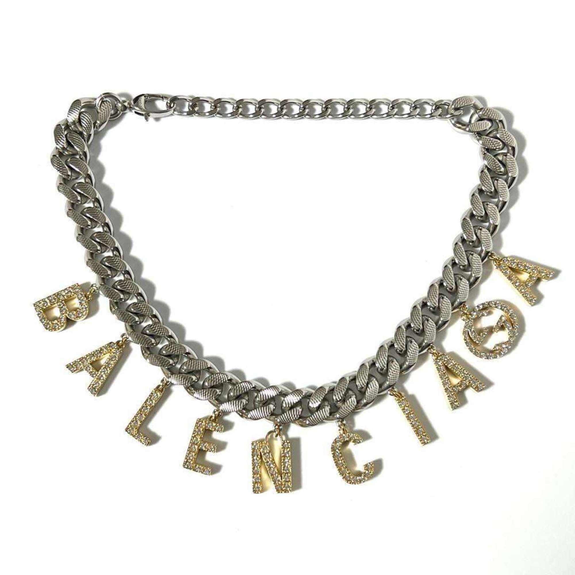 Balenciaga Script Choker Pendant Necklace Metal and Rhinestone