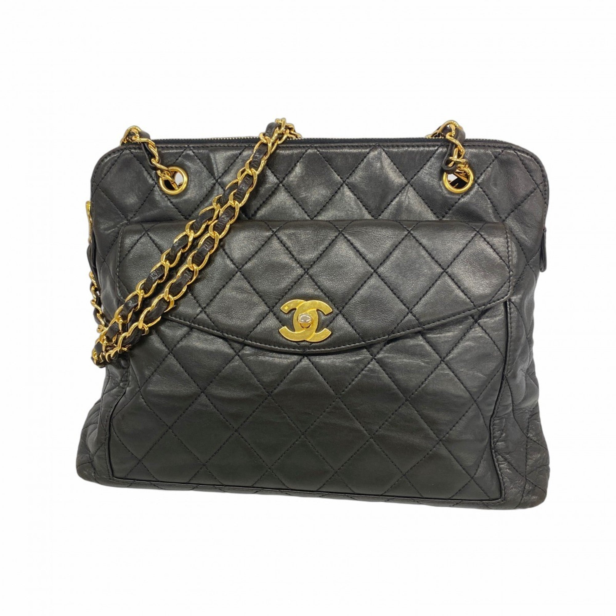 Vintage Front Pocket Shoulder Bag Quilted Lambskin Large