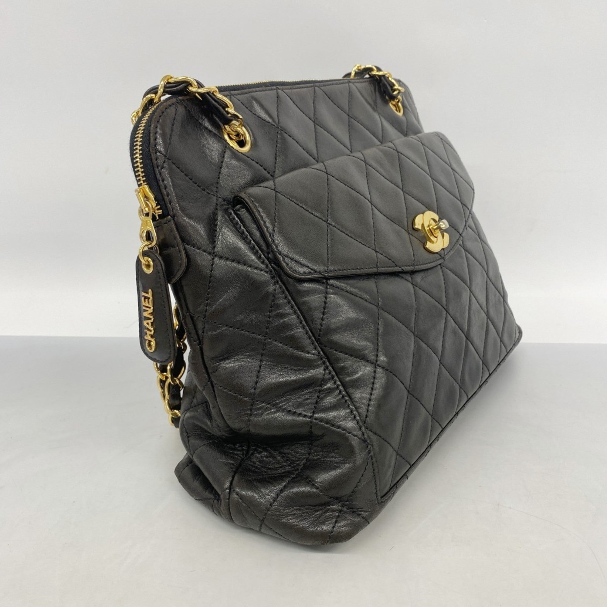 Vintage Front Pocket Shoulder Bag Quilted Lambskin Large