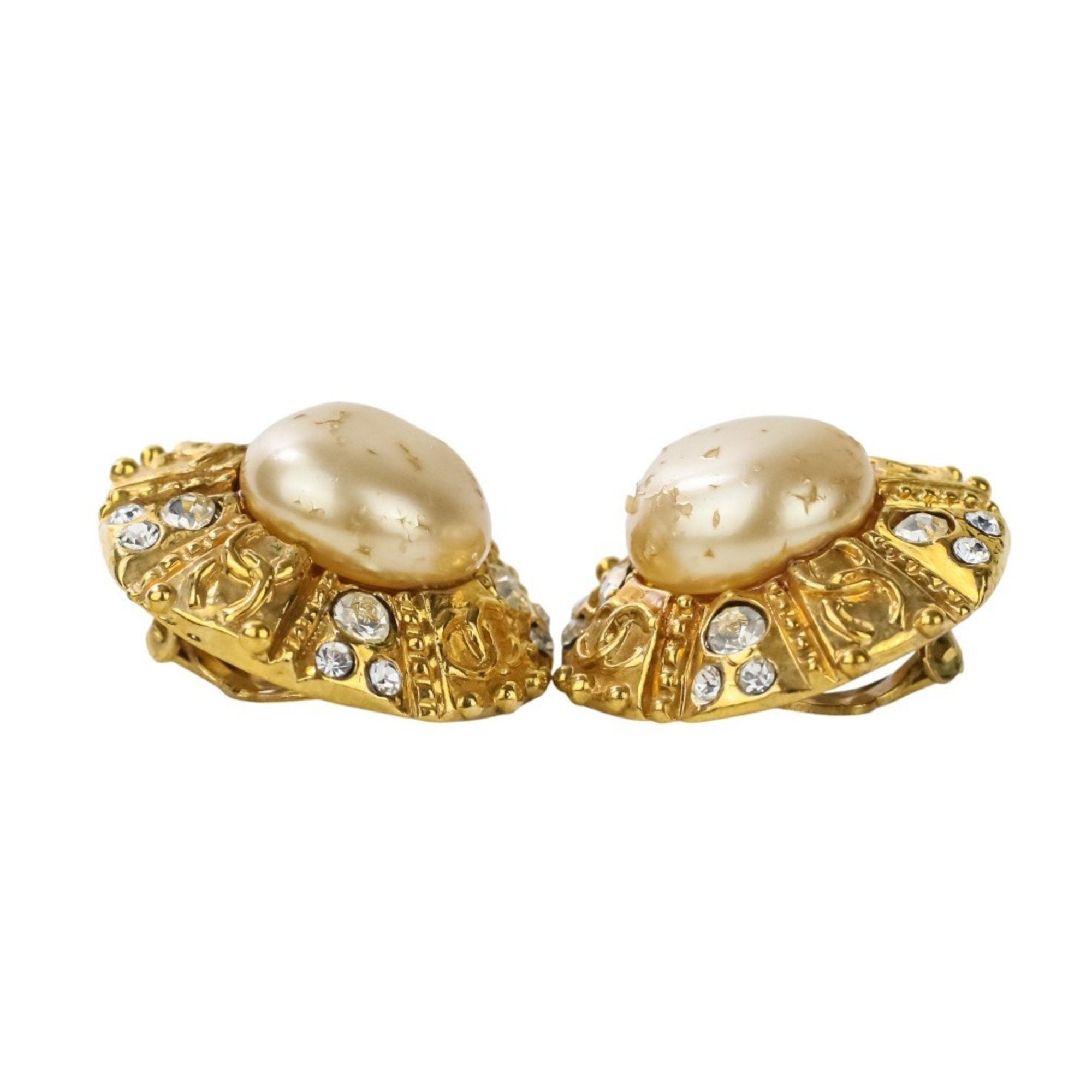 Vintage Earrings Pearl Gold-Tone Metal
