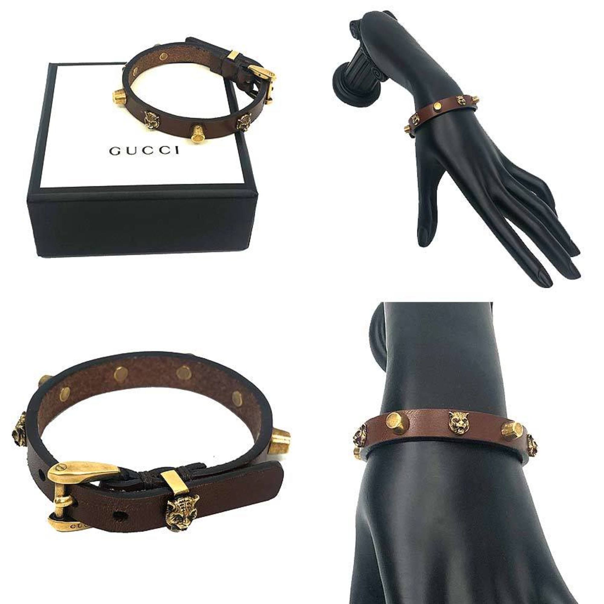 Cat Head Bracelet Leather and Metal Brown and Gold