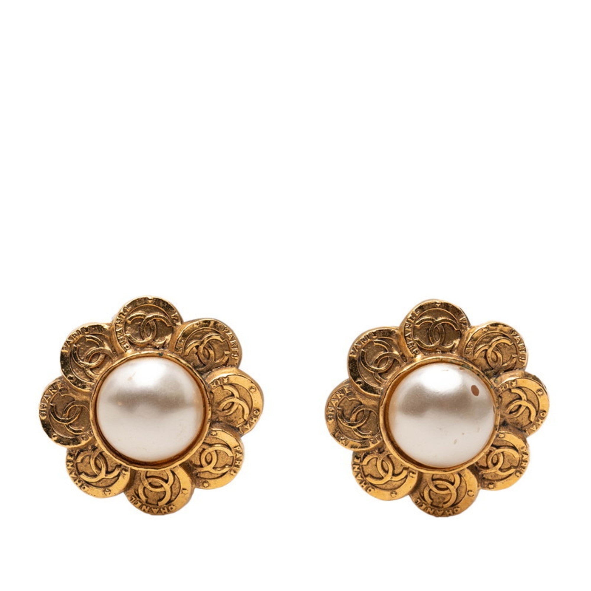 CC Logo Flower Clip-On Earrings Metal Gold-Tone Metal