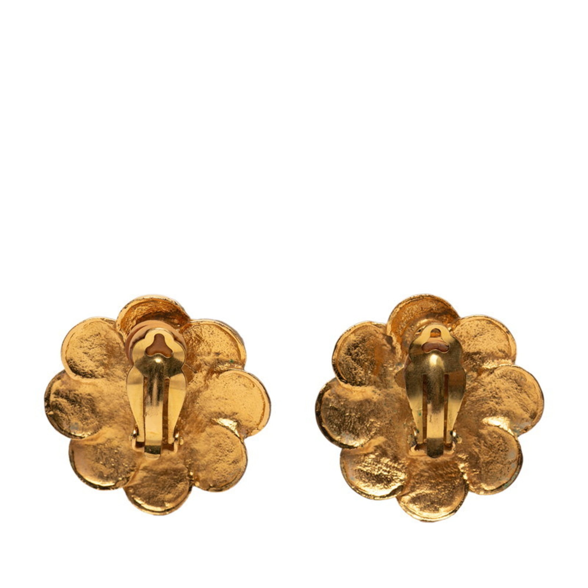 CC Logo Flower Clip-On Earrings Metal Gold-Tone Metal