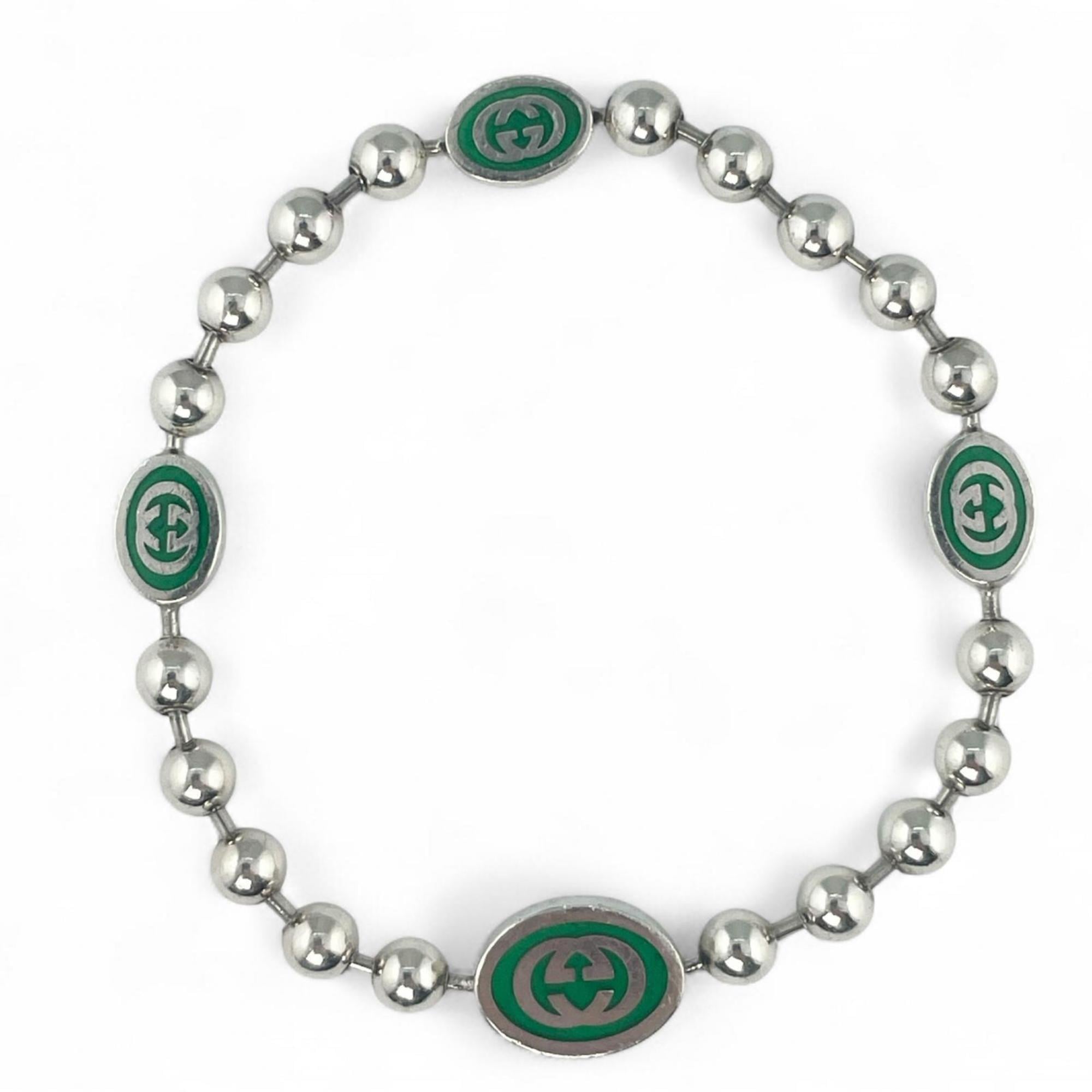 Interlocking G Ball Chain Bracelet Sterling Silver Green