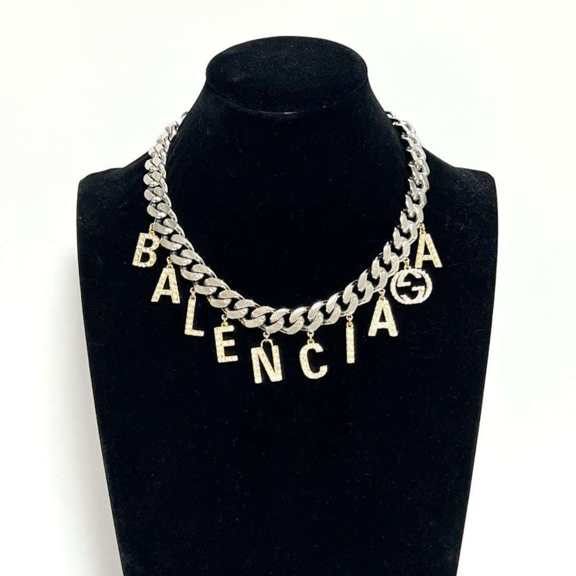 Balenciaga Script Choker Pendant Necklace Metal and Rhinestone