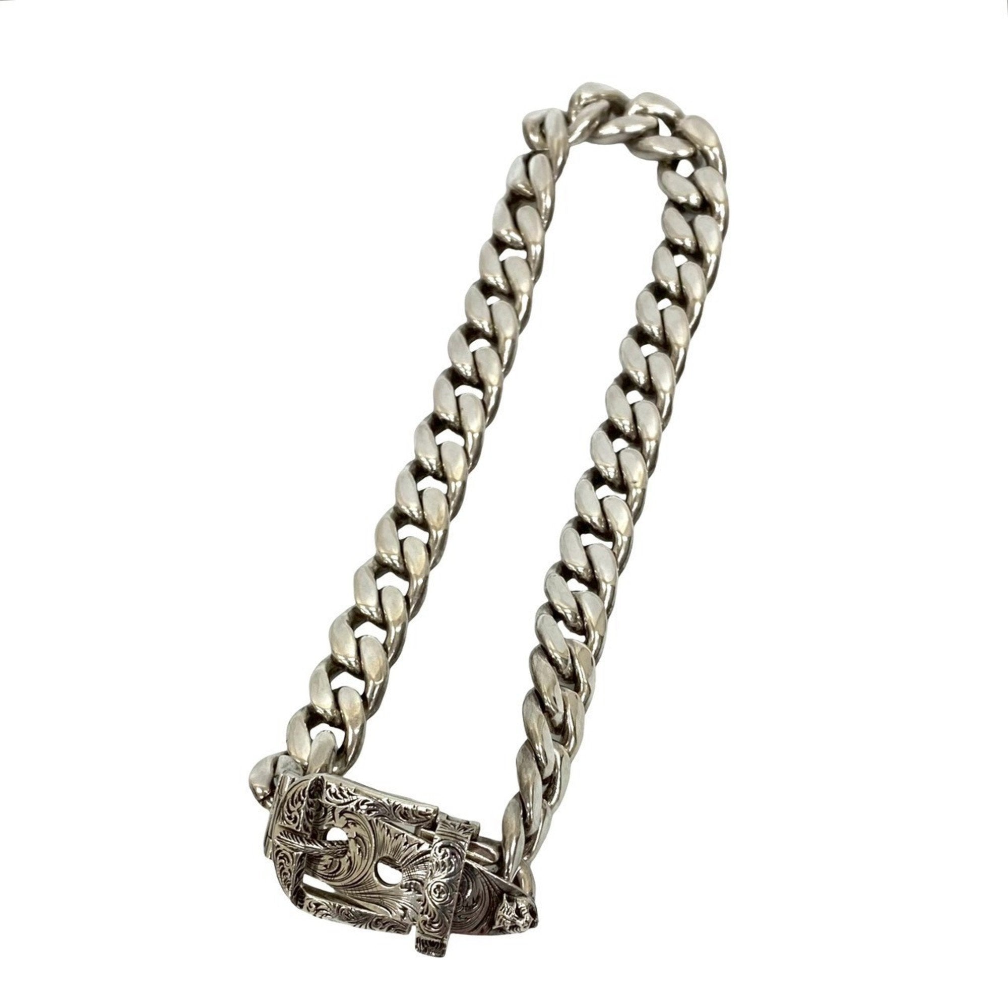 Arabesque Cat Head Curb Chain Pendant Necklace Sterling Silver