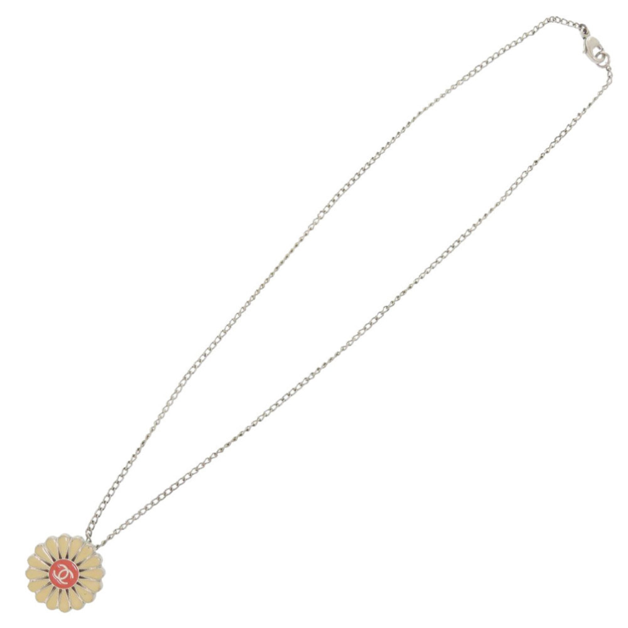 CC Logo Flower Pendant Necklace Silver-Tone Metal