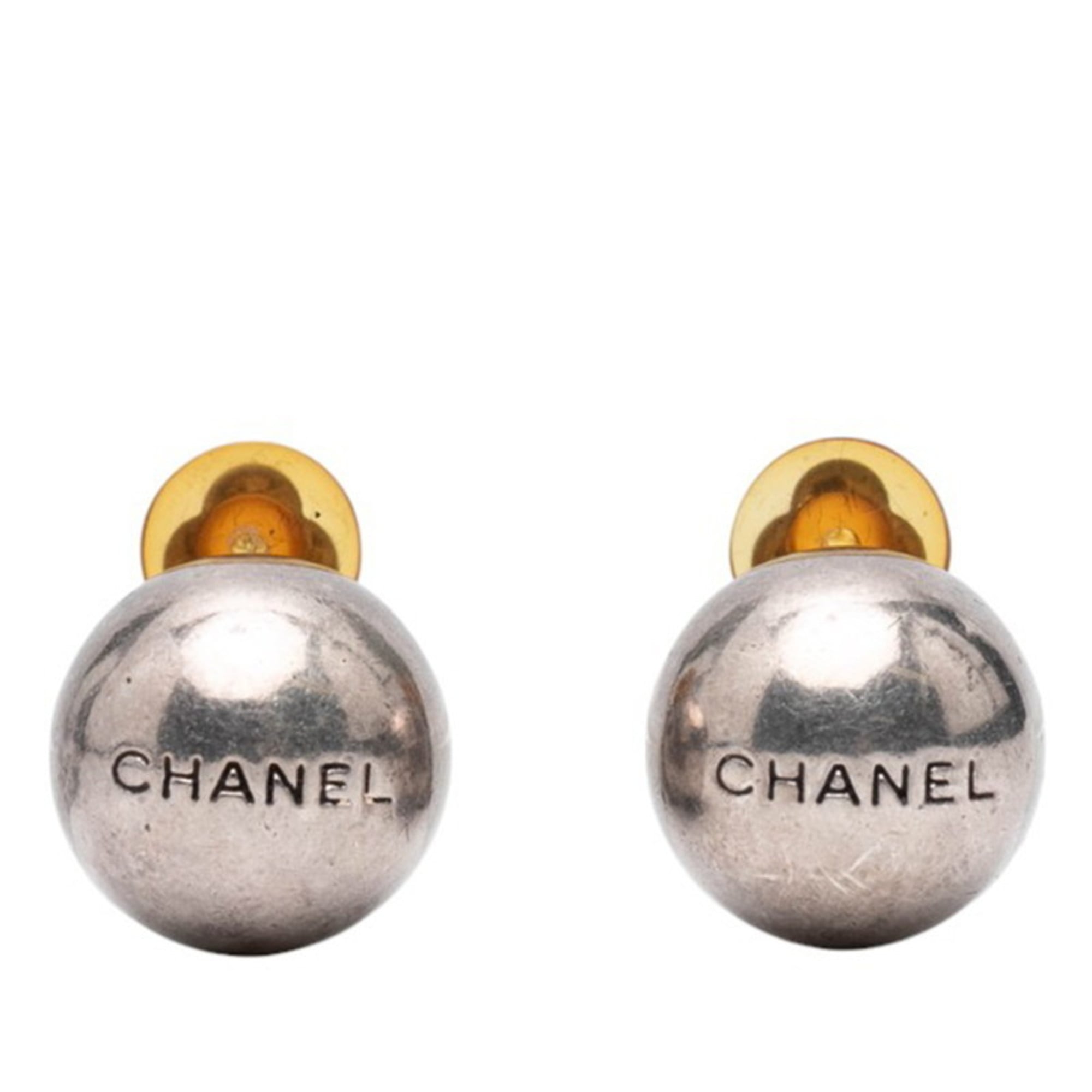 Vintage Earrings Logo Silver-Tone Metal