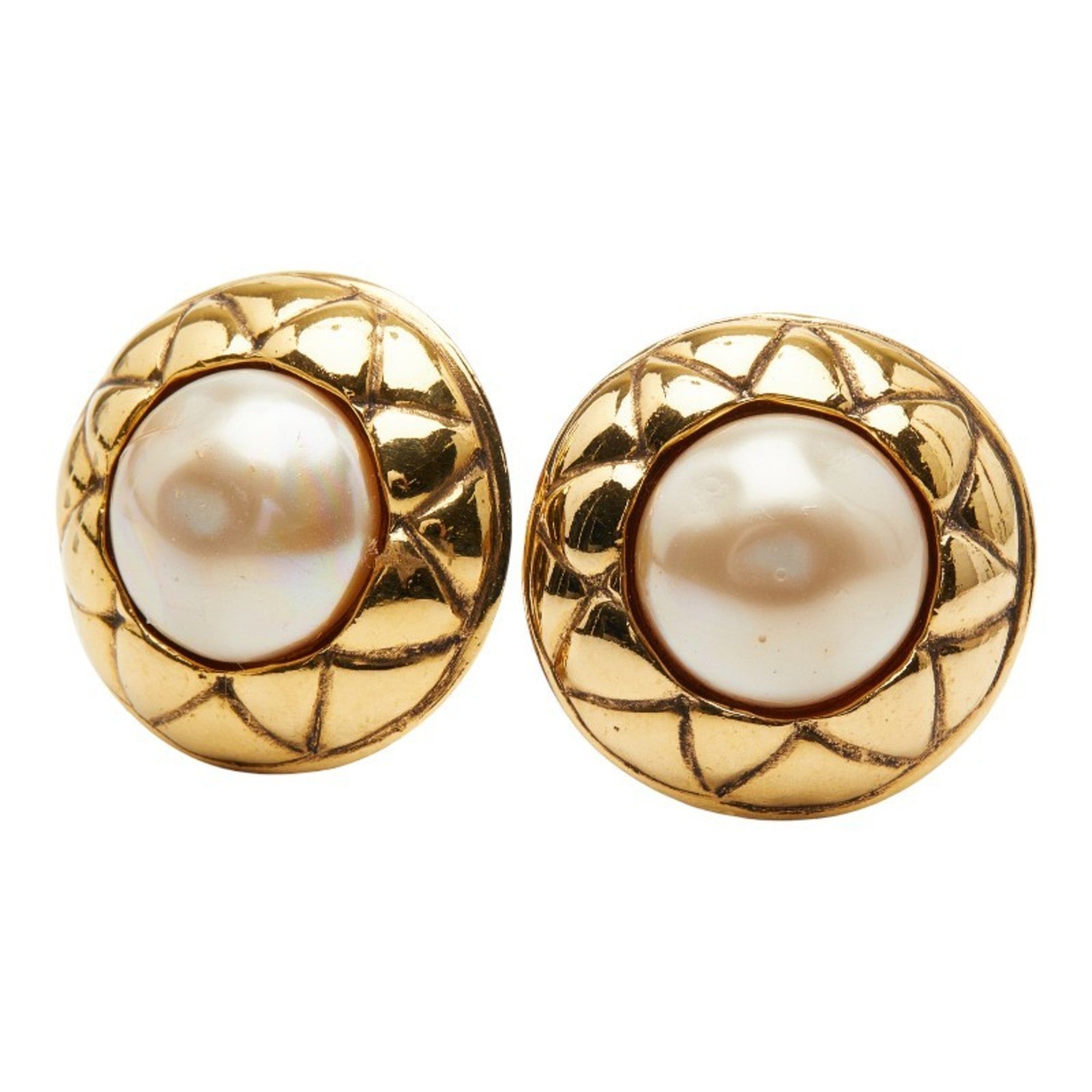 Matelasse Pearl Clip-On Earrings Metal Gold-Tone Metal