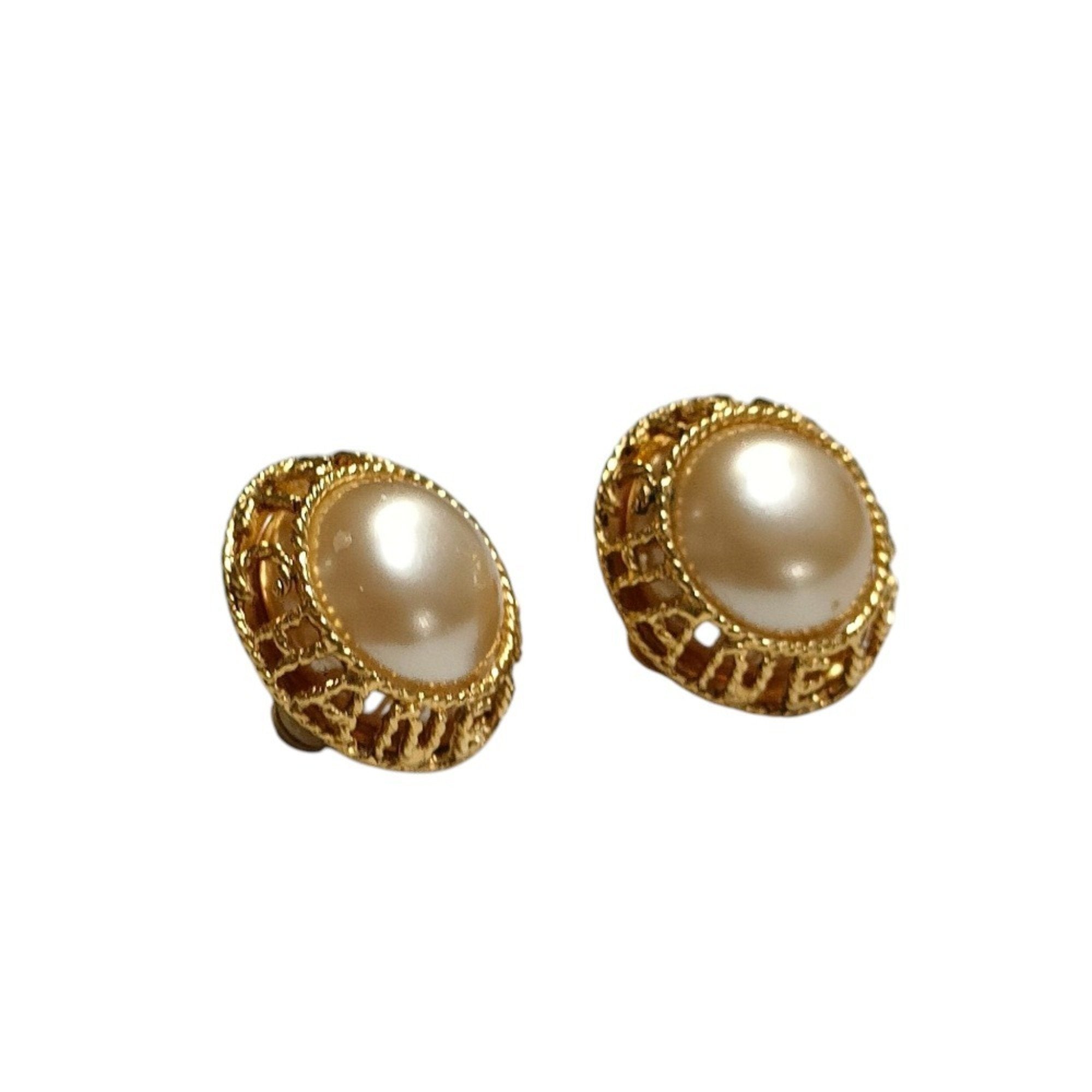 Vintage Earrings Pearl Gold-Tone Metal
