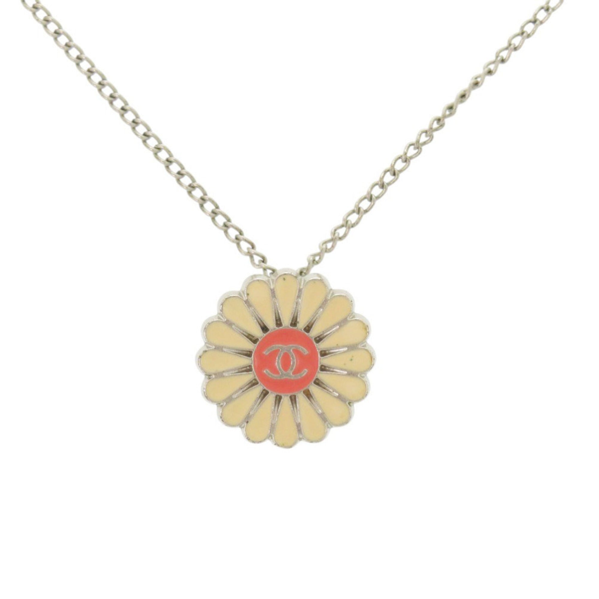 CC Logo Flower Pendant Necklace Silver-Tone Metal