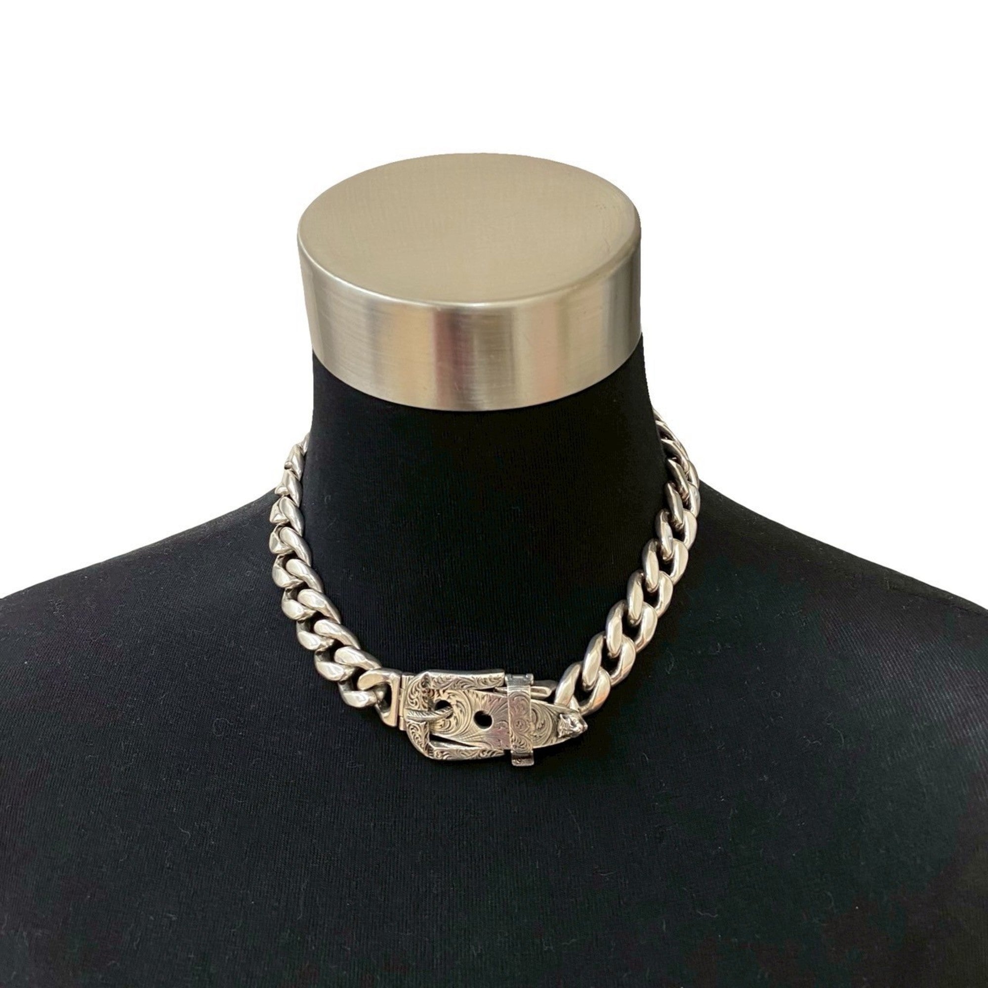 Arabesque Cat Head Curb Chain Pendant Necklace Sterling Silver