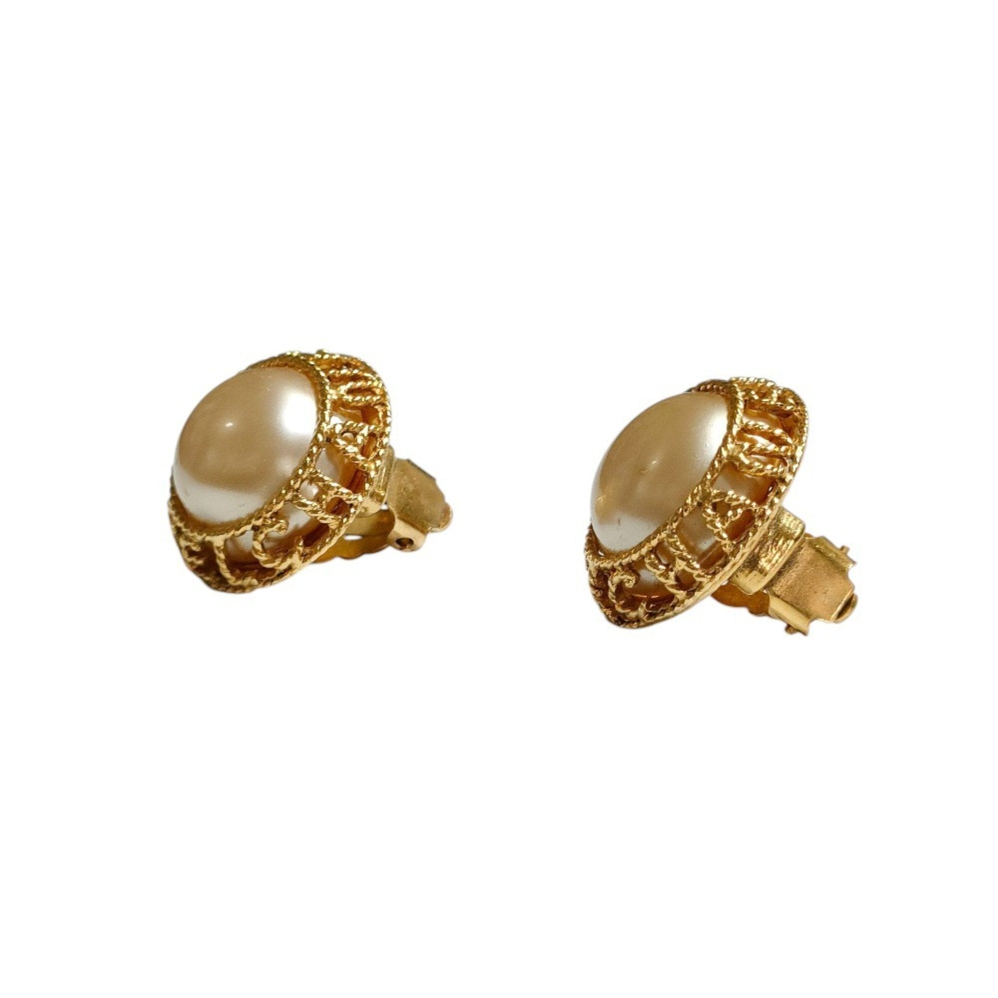 Vintage Earrings Pearl Gold-Tone Metal