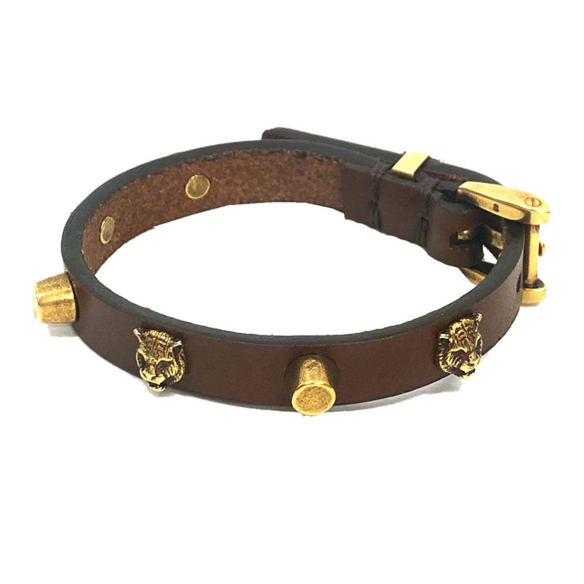 Cat Head Bracelet Leather and Metal Brown and Gold