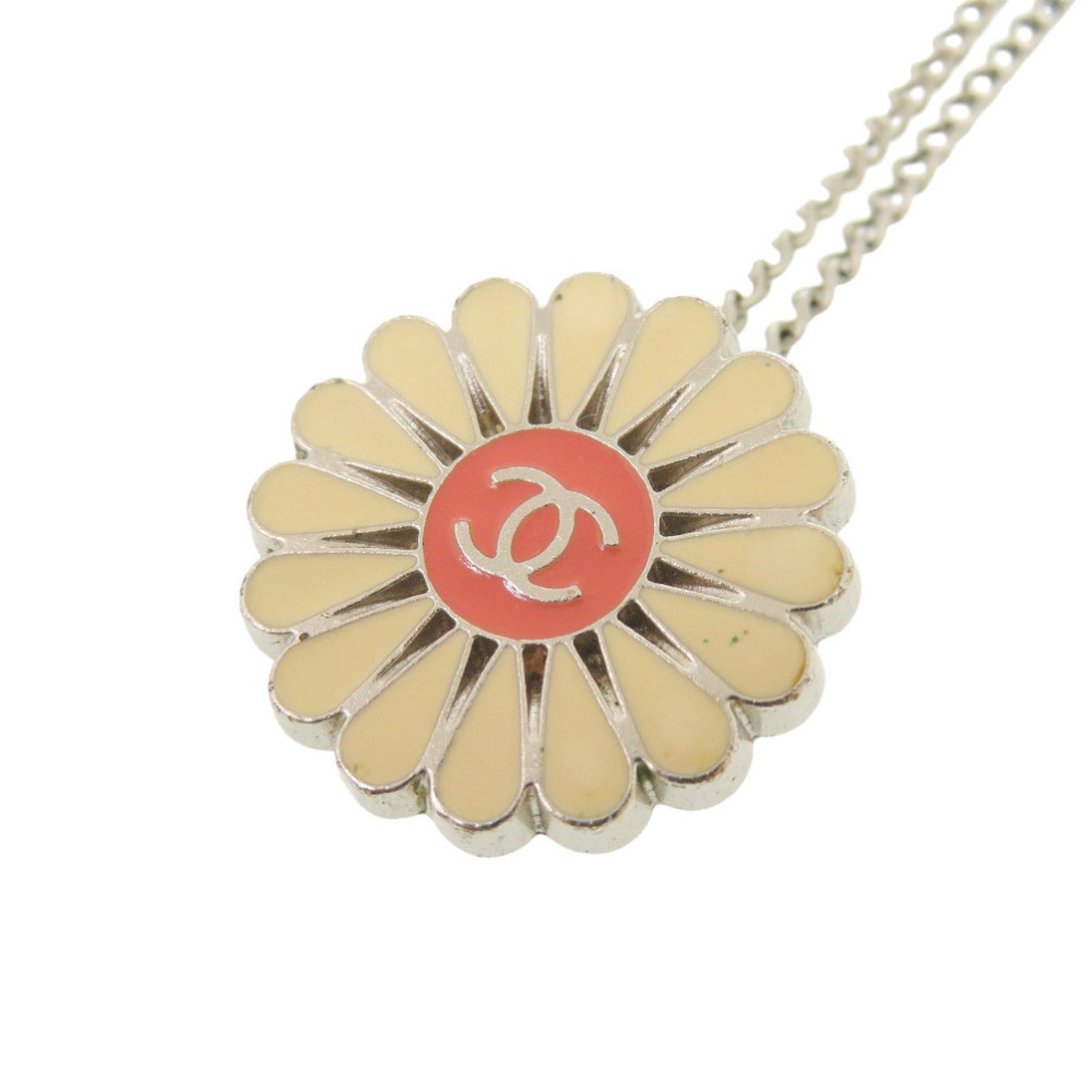 CC Logo Flower Pendant Necklace Silver-Tone Metal