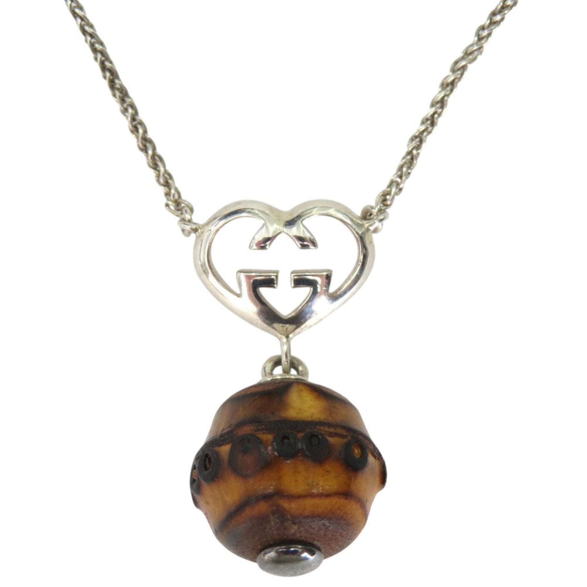 Interlocking G Heart Pendant Necklace Sterling Silver and Wood