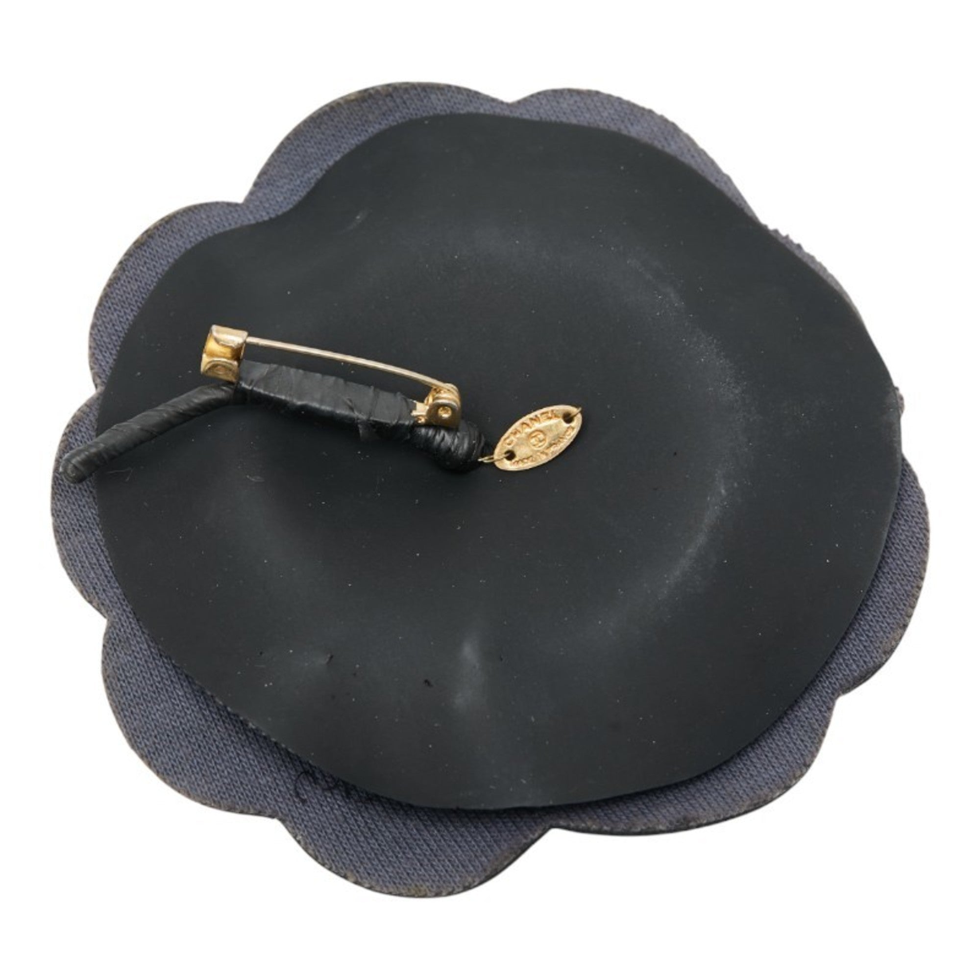 Camellia Brooch Black Leather and Metal