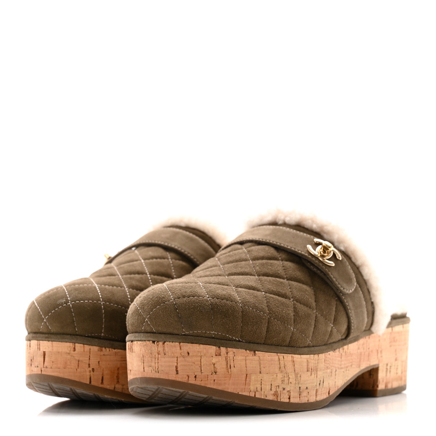 Suede Calfskin Shearling Turn Lock Clogs 38 Green