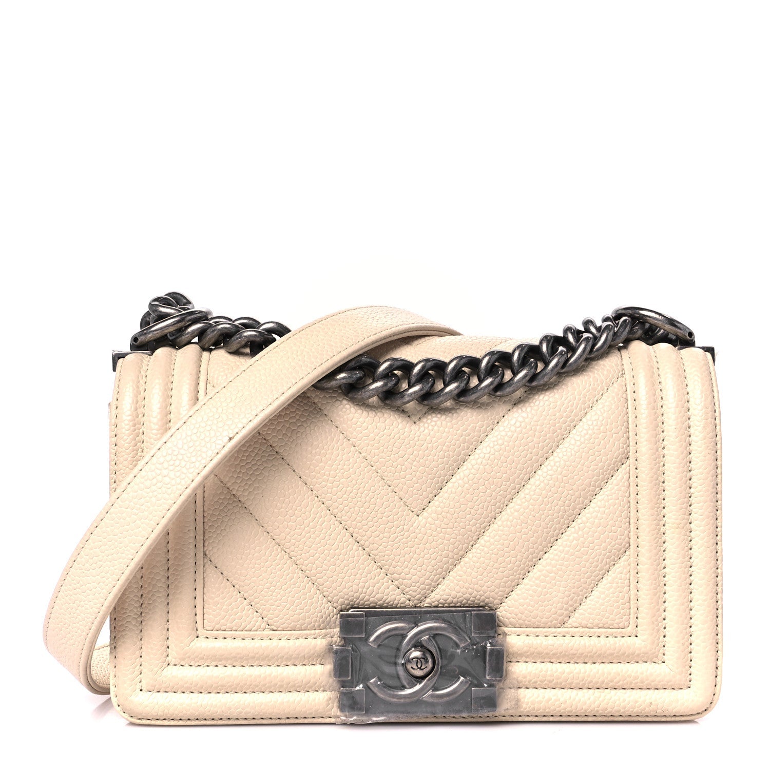 Caviar Chevron Quilted Small Boy Flap Light Beige