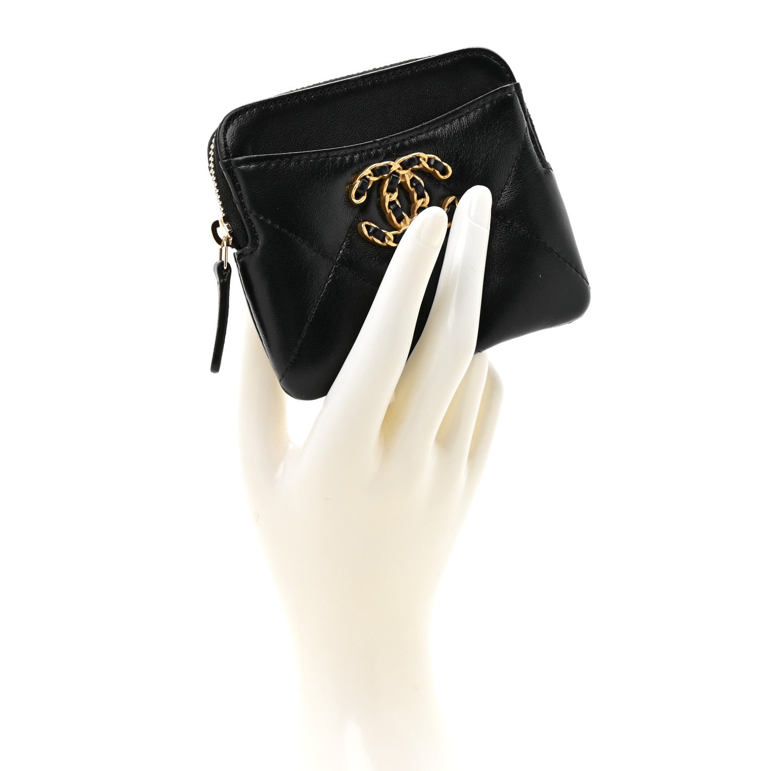 Lambskin Quilted Chanel 19 Zip Card Holder Wallet Black
