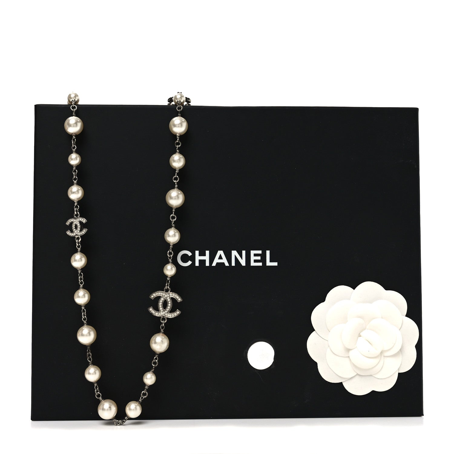 Crystal Pearl CC Long Necklace Silver