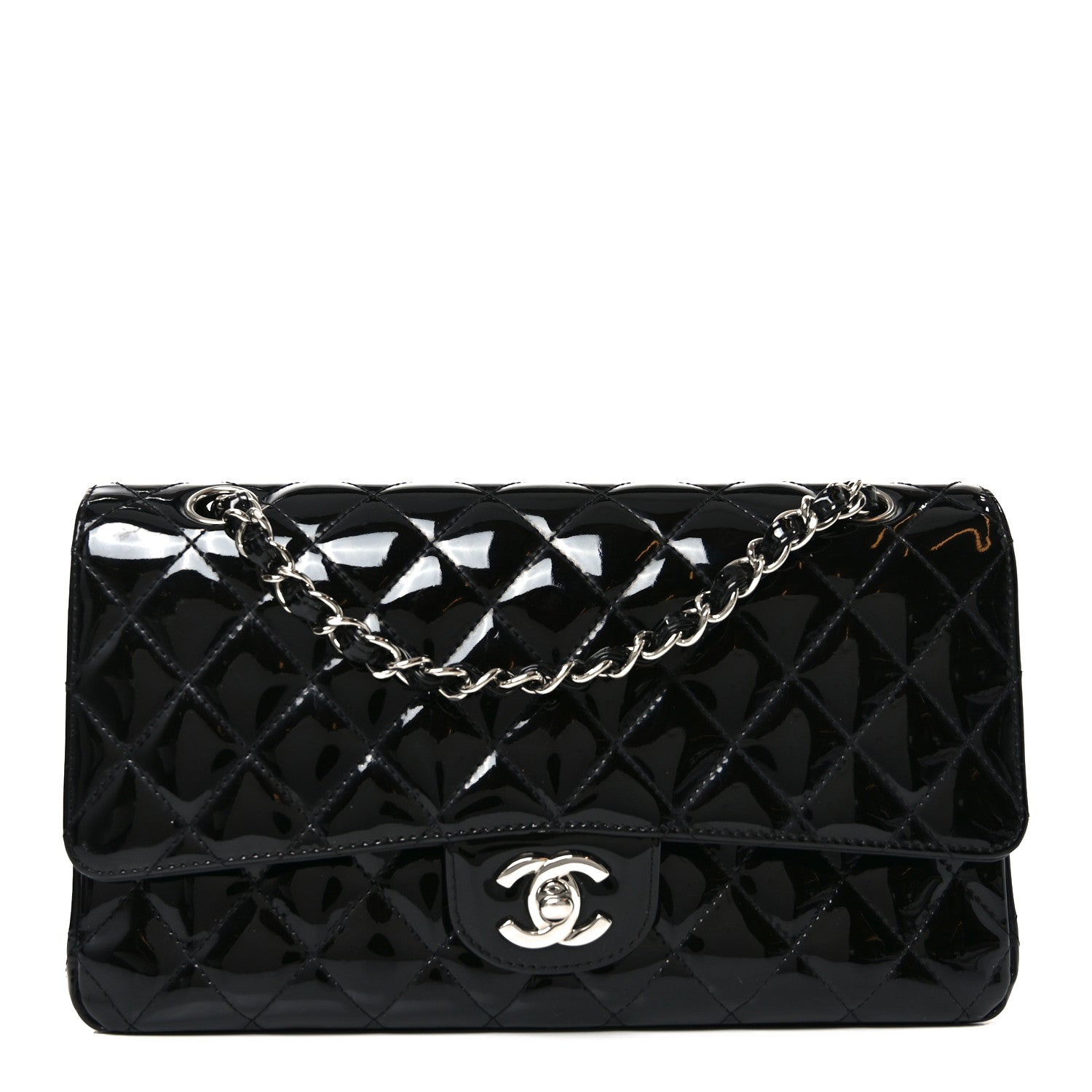 Patent Quilted Medium Double Flap Black