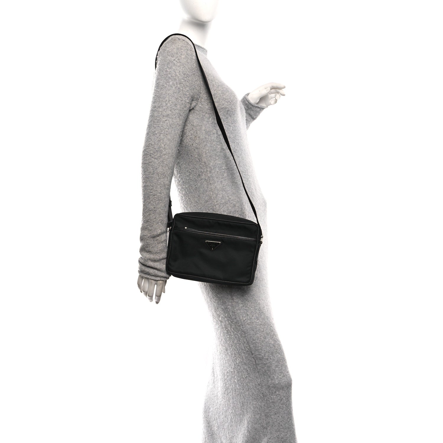 Tessuto Saffiano Pocket Double Zip Shoulder Bag Black