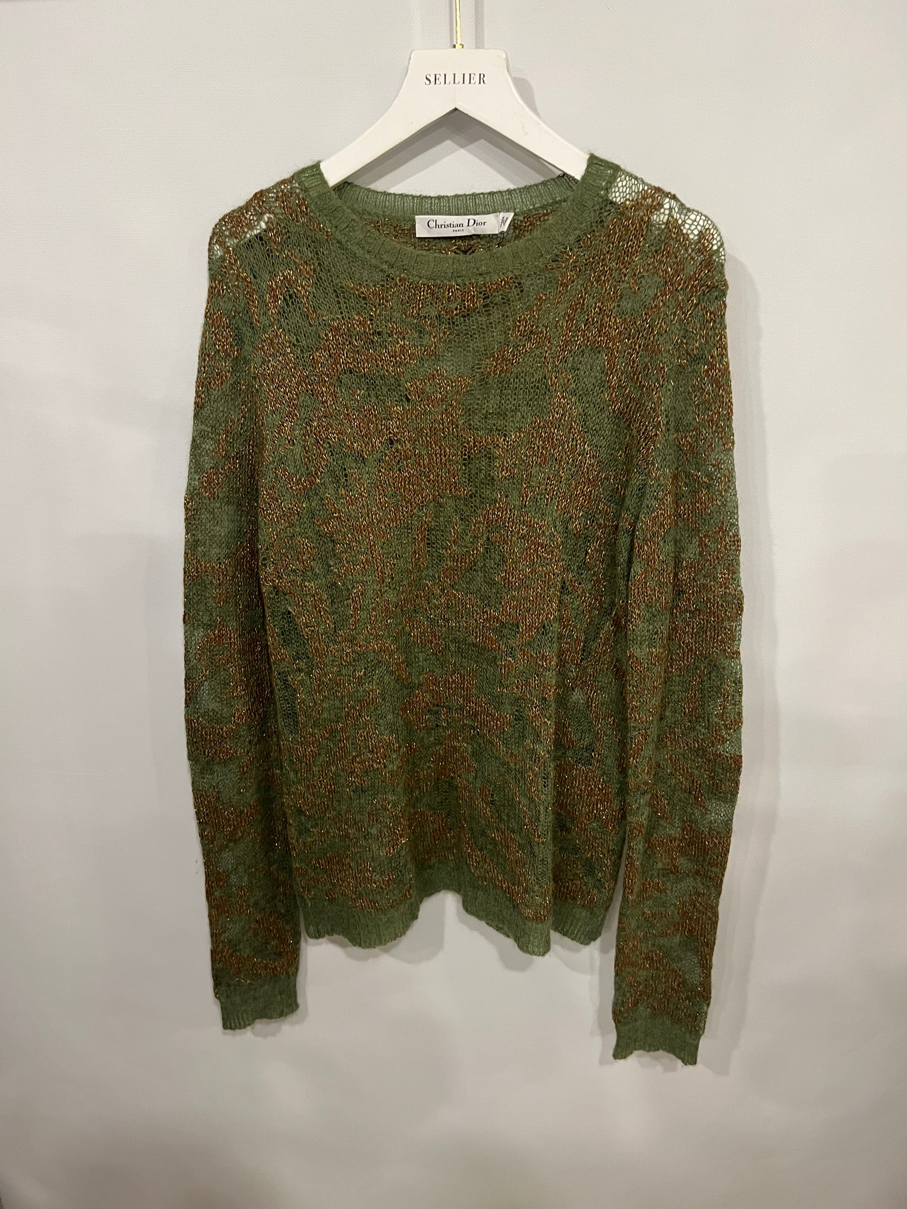 Christian Dior Green, Brown and Gold Metallic Cashmere Jumper with Back CD Logo Detail Size FR 38 (UK 10) RRP £1,950