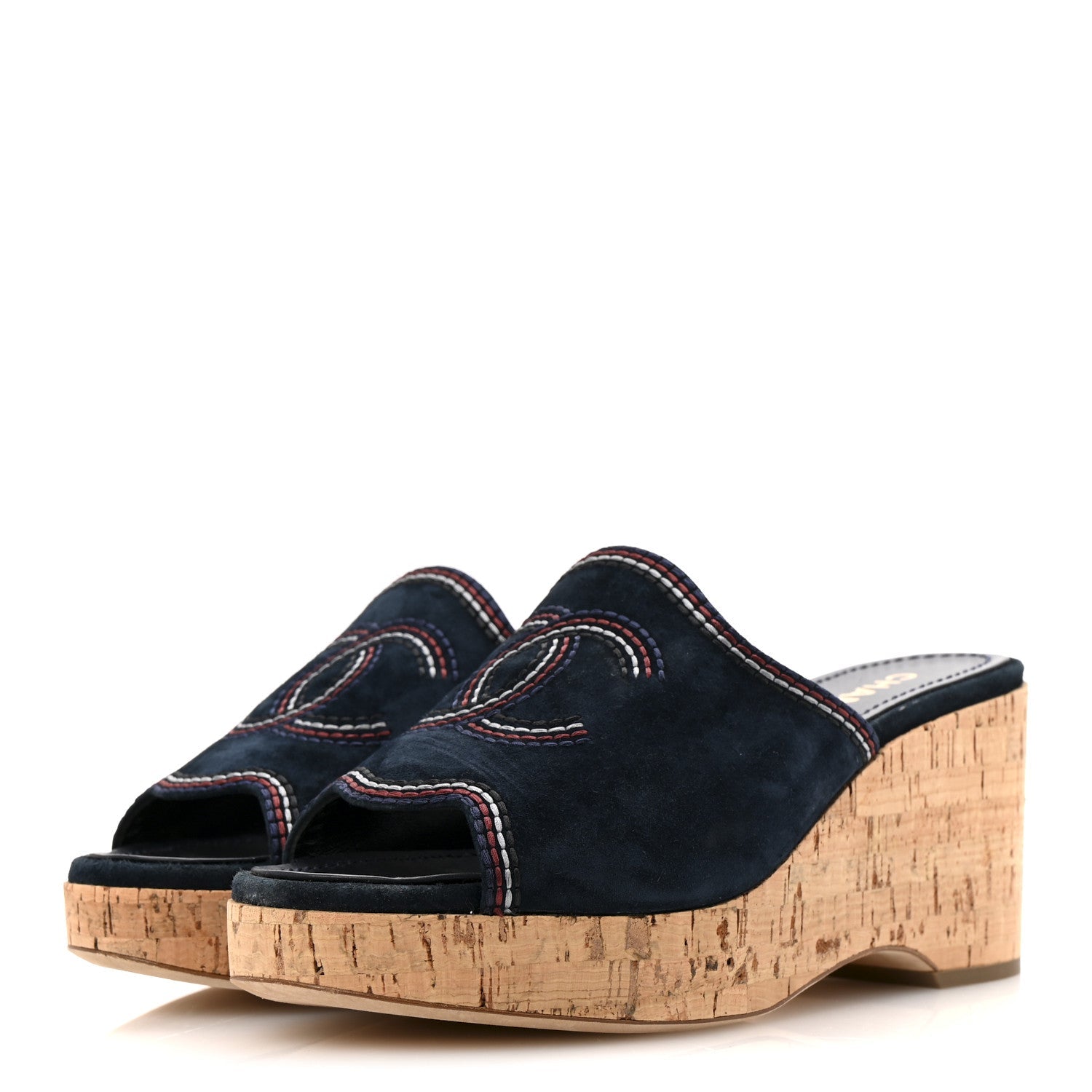 Suede Calfskin Cork CC Wedge Sandal 39 Navy Blue