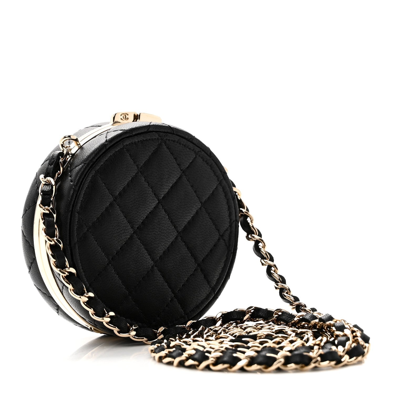 Lambskin Enamel Quilted Round Poker Chip Clutch With Chain Black White