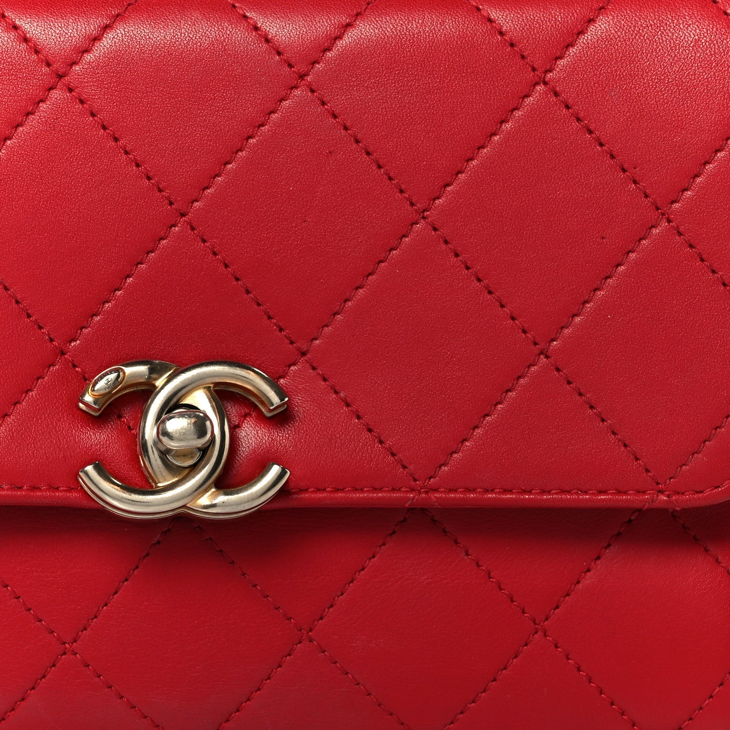 Lambskin Stitched Pearl Logo Top Handle Flap Red