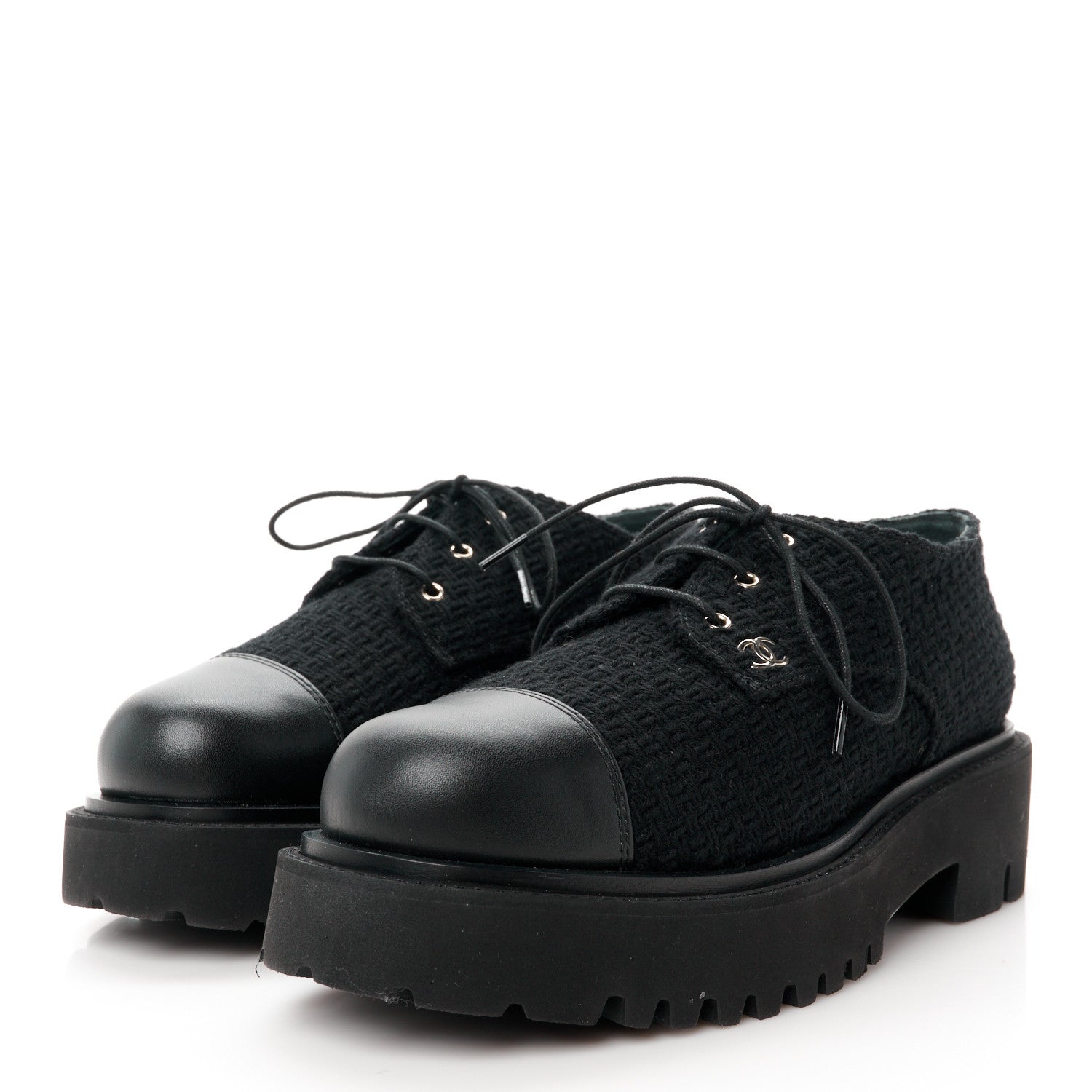 Wool Tweed Calfskin Lace-Up Loafers 38.5 Black