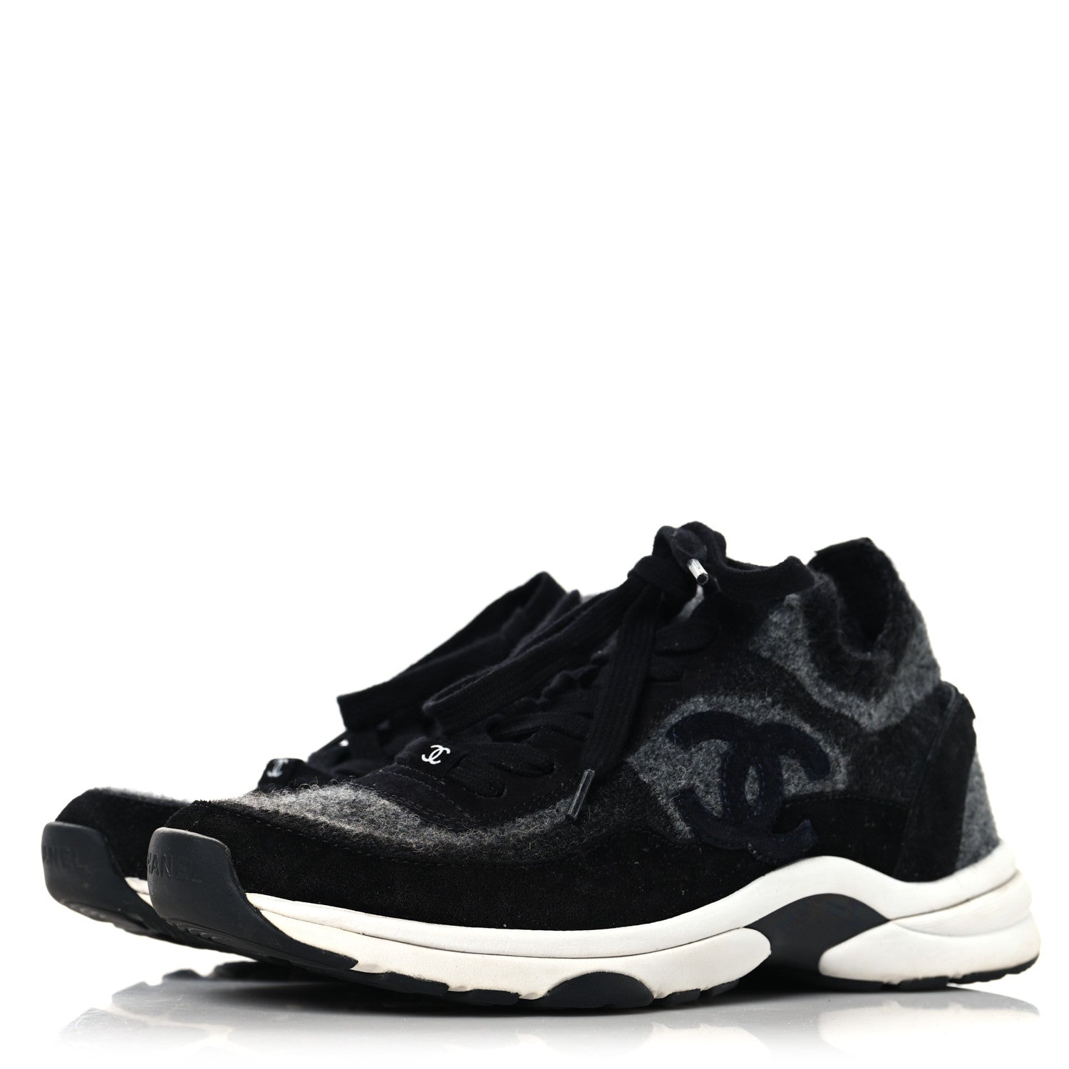 Knit Fabric Suede Calfskin Womens CC Sneakers 38.5 Black Grey