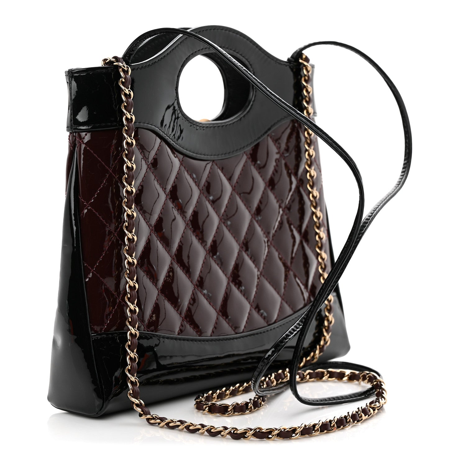 Patent Calfskin Quilted Mini 31 Shopping Bag Burgundy Black