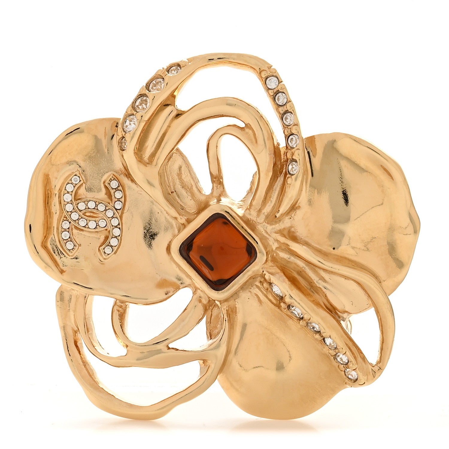 Metal Crystal CC Camellia CC Brooch Gold Brown