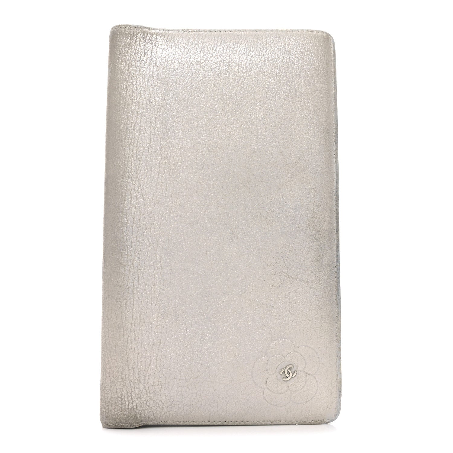 Metallic Goatskin Camellia Embossed Yen Wallet Silver
