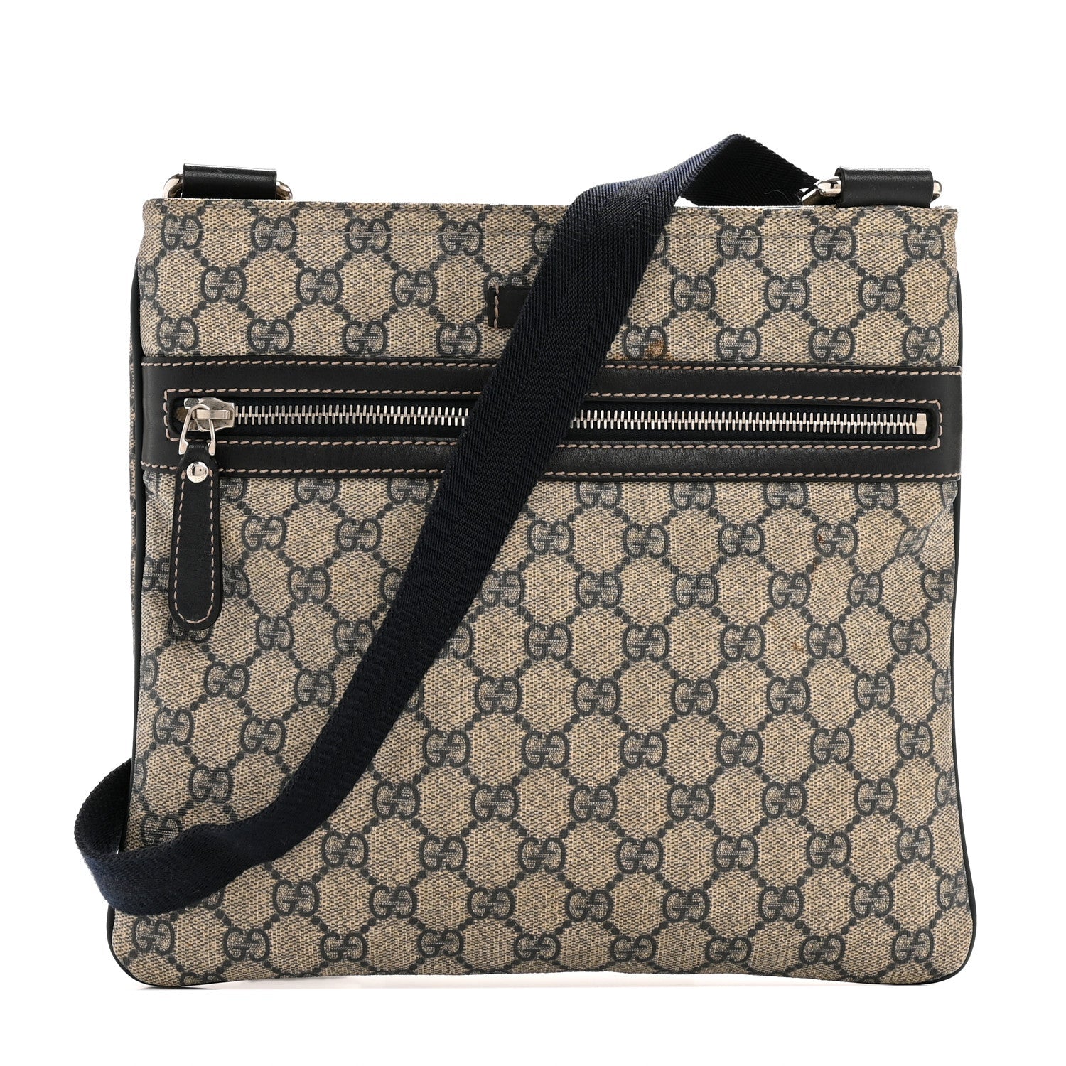 GG Supreme Monogram Selleria Calfskin Small Flat Side Zip Messenger Bag Beige Blue