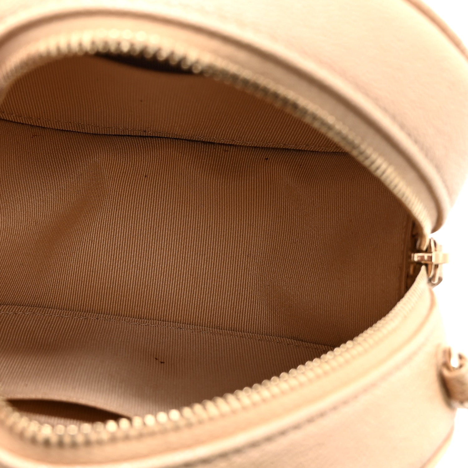 Iridescent Caviar Quilted Round Clutch With Chain Beige